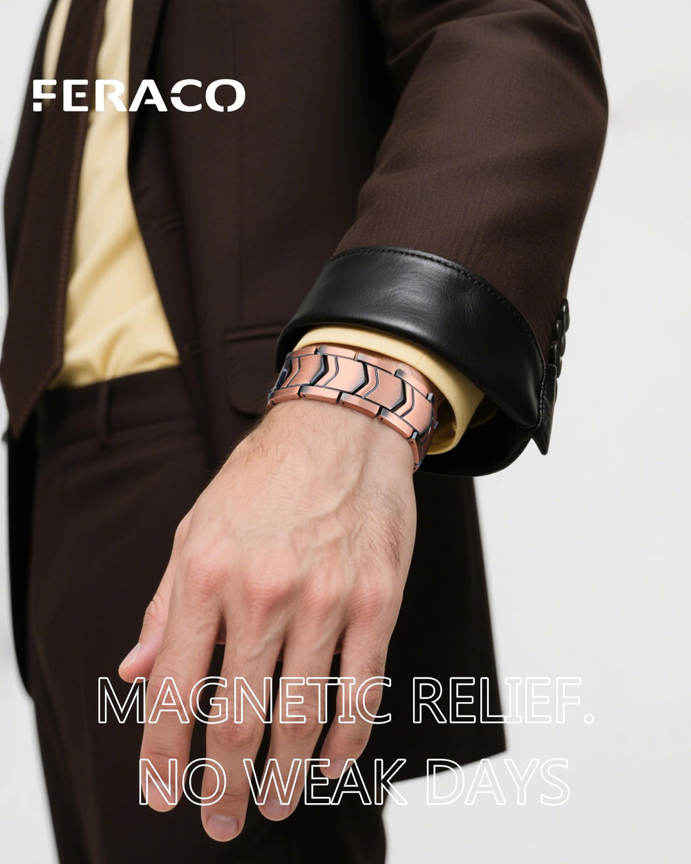 Feraco bracelet on wrist demonstrates sleek style for smart-casual outfits.