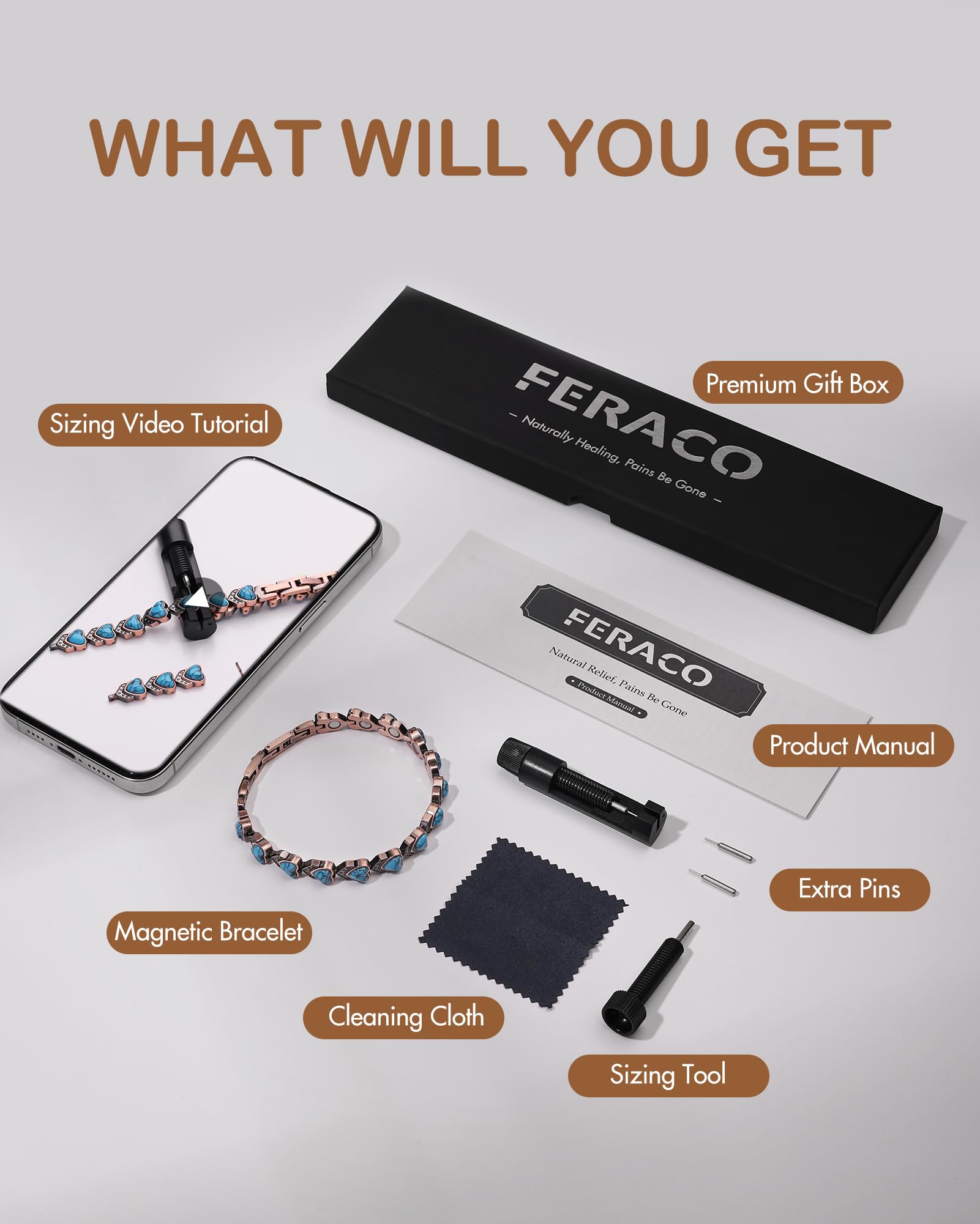 Feraco adjustable bracelet with sizing tool ensuring a comfortable fit.