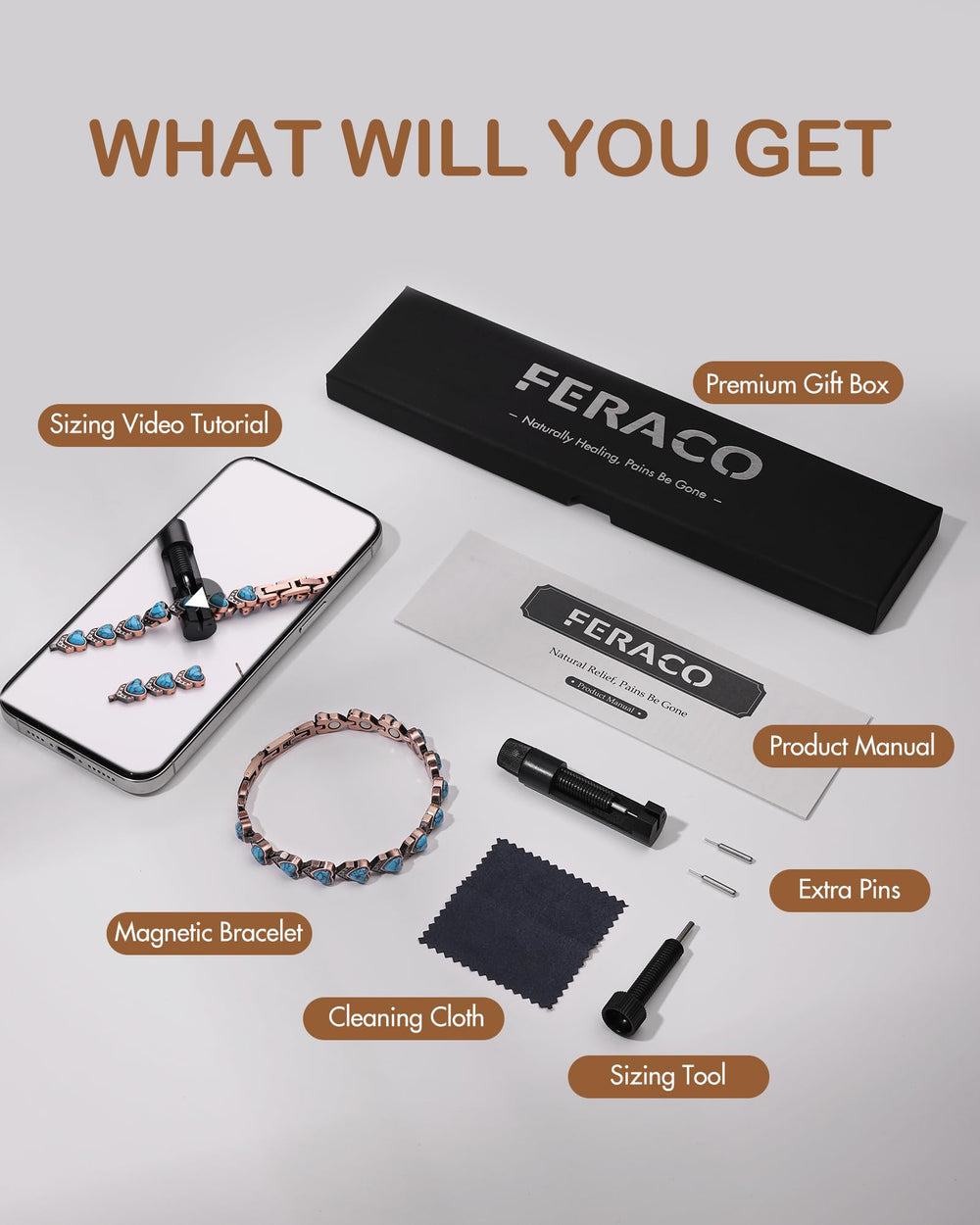 Feraco adjustable bracelet with sizing tool ensuring a comfortable fit.