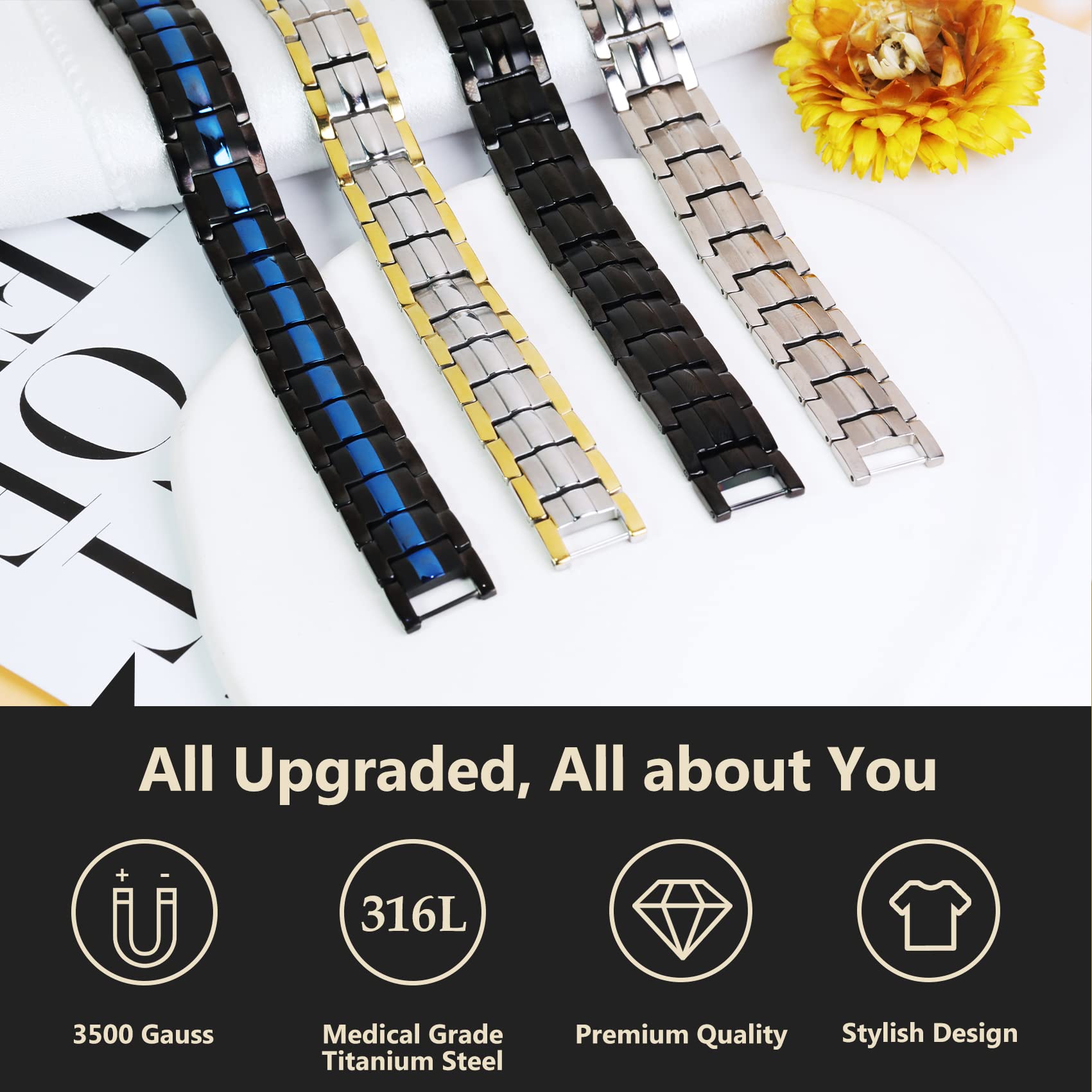Feraco adjustable magnetic bracelet with link removal tool for precise sizing