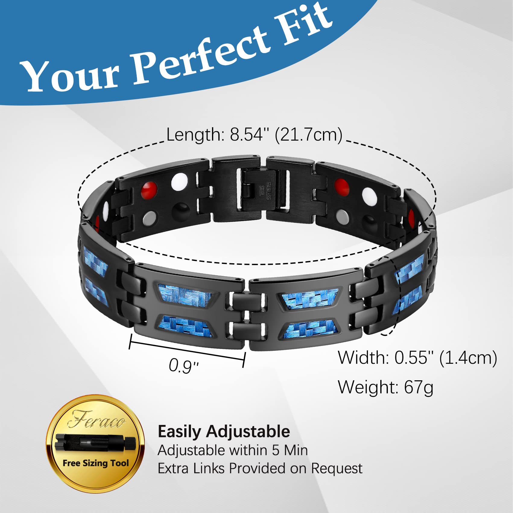 Feraco blue carbon fiber design detail adds modern style to the bracelet.
