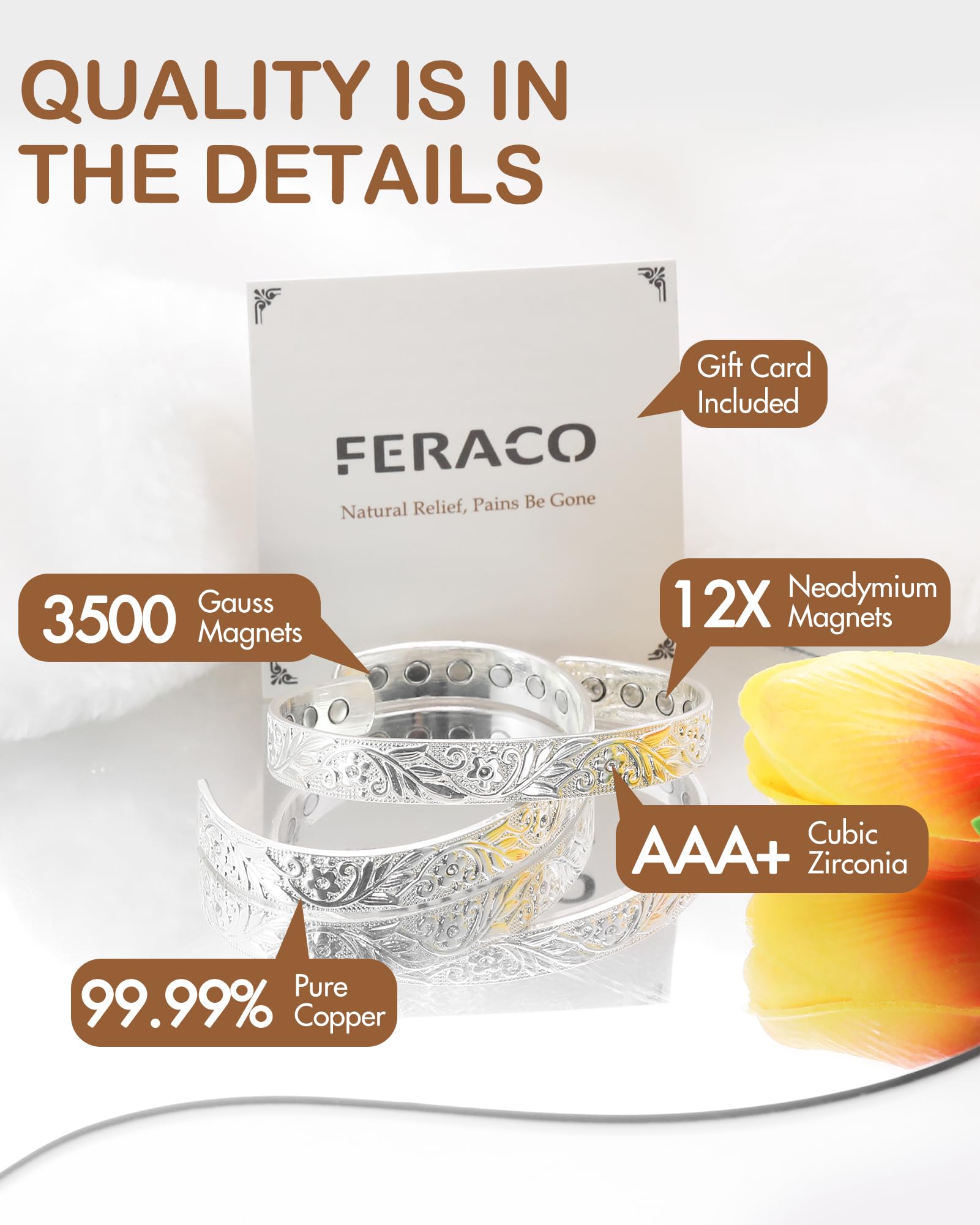 Feraco copper bracelet featuring 3500 Gauss magnets for versatile wear.