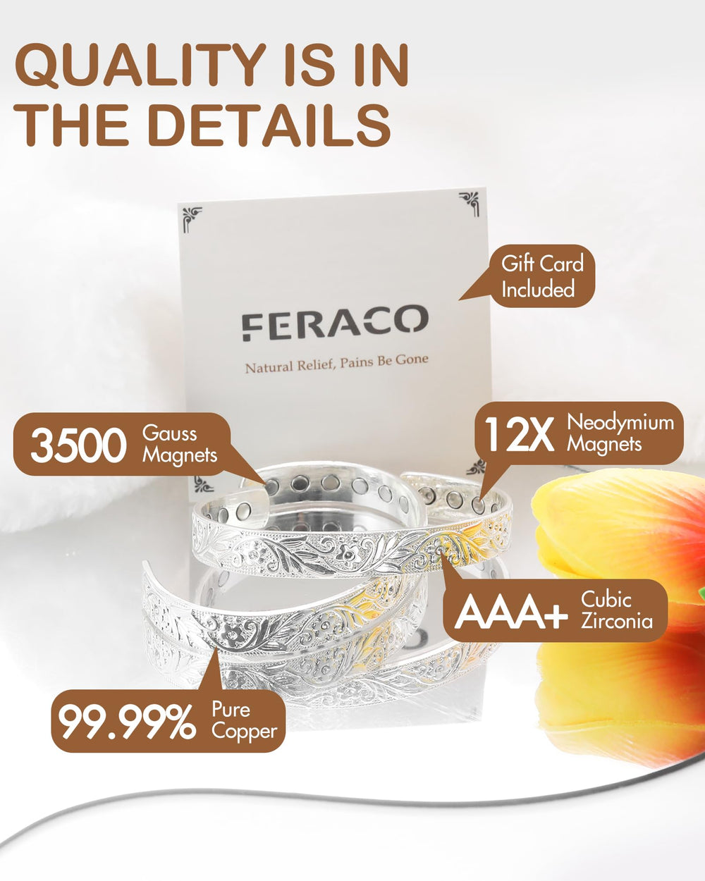 Feraco copper bracelet featuring 3500 Gauss magnets for versatile wear.
