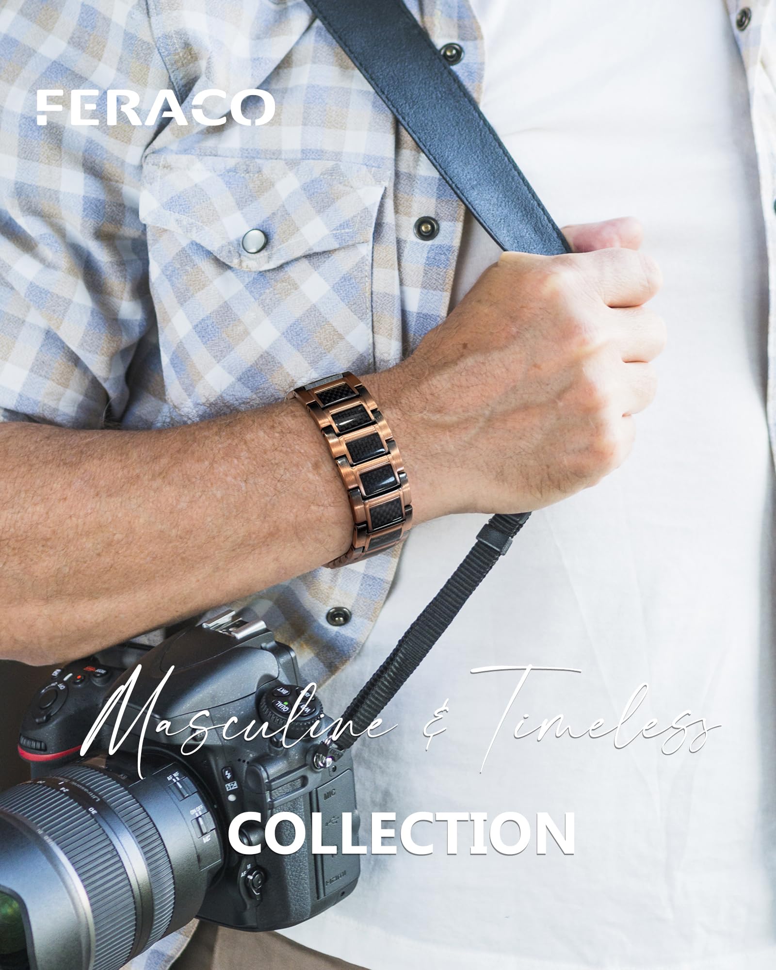Feraco copper bracelet adjustable size with sizing tool for a precise fit.