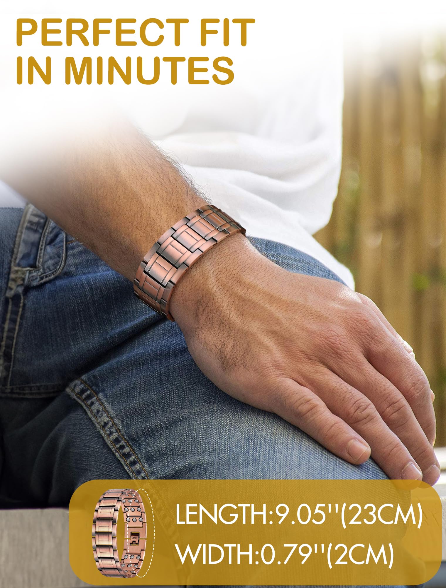 Feraco magnetic copper bracelet worn for versatile daily wear.