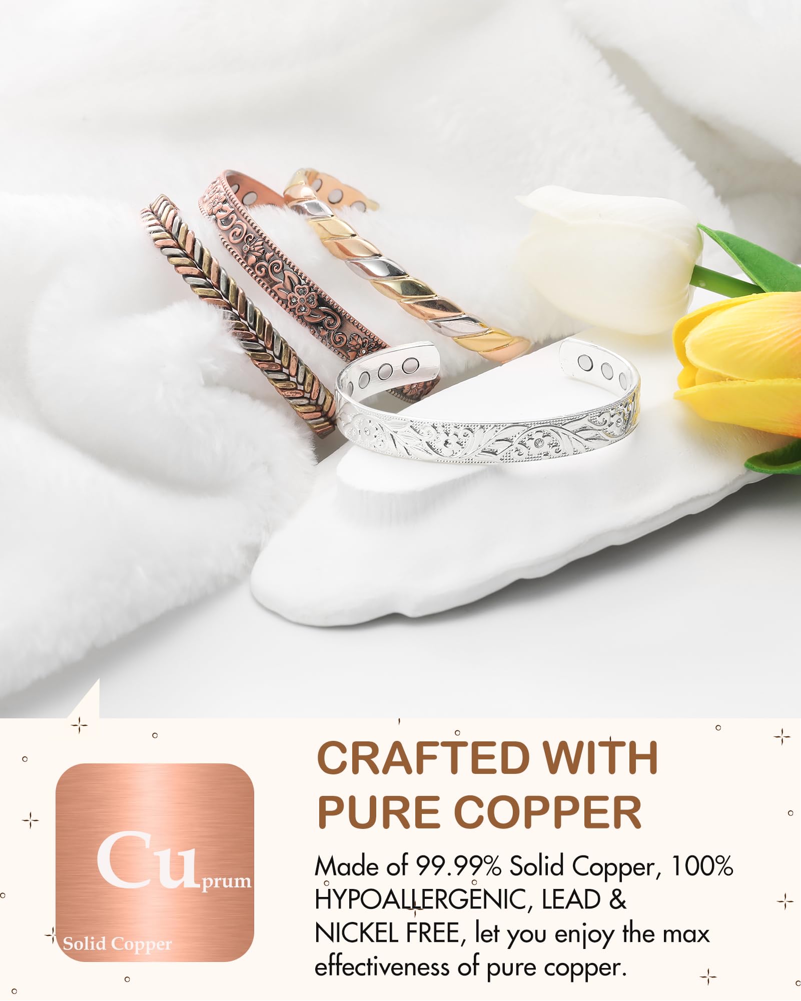 Feraco copper bracelet with floral motif and cubic zirconia for elegant sparkle.