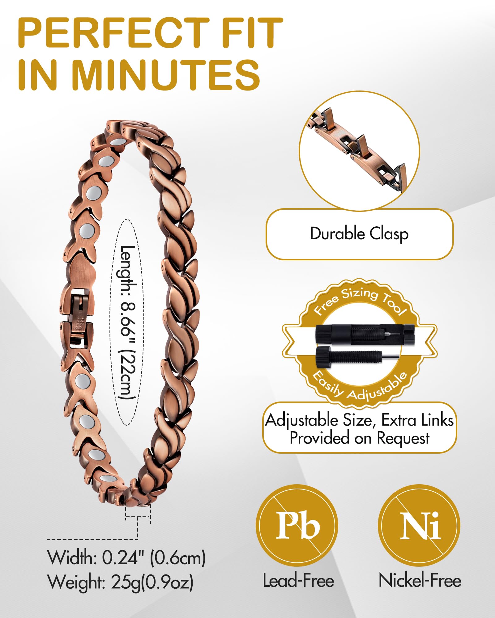 Feraco bracelet shows length 22 cm and width 0.6 cm for comfortable fit.