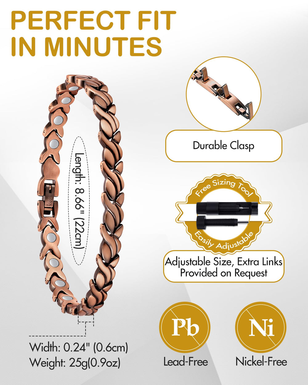 Feraco bracelet shows length 22 cm and width 0.6 cm for comfortable fit.