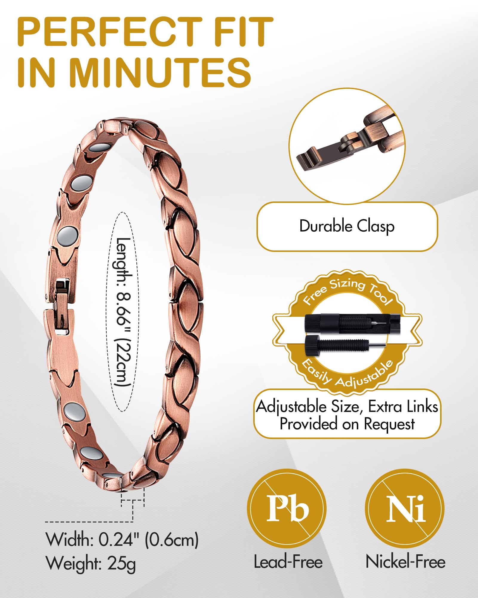 Feraco copper bracelet length adjustment tool visible for resizing