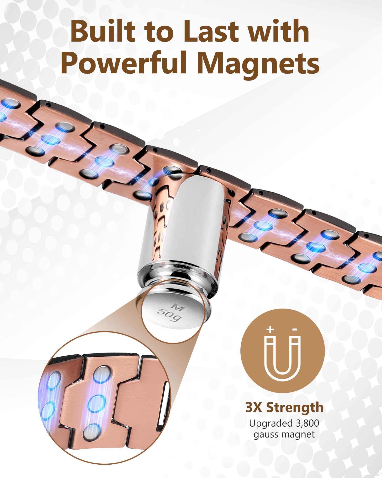 Feraco magnetic copper bracelet close-up of magnets embedded in the band.