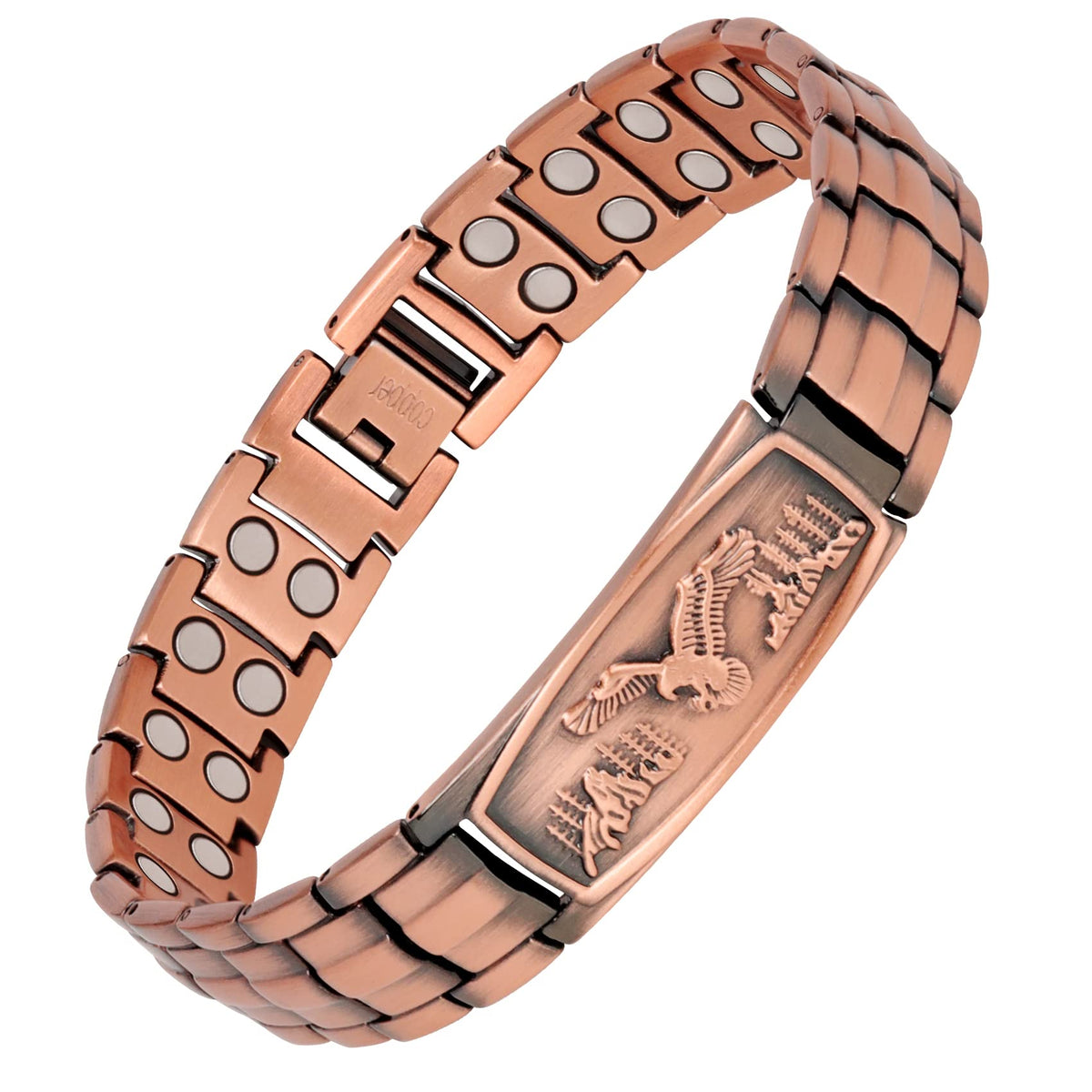Feraco copper bracelet eagle pattern closeup, highlighting durable copper texture.
