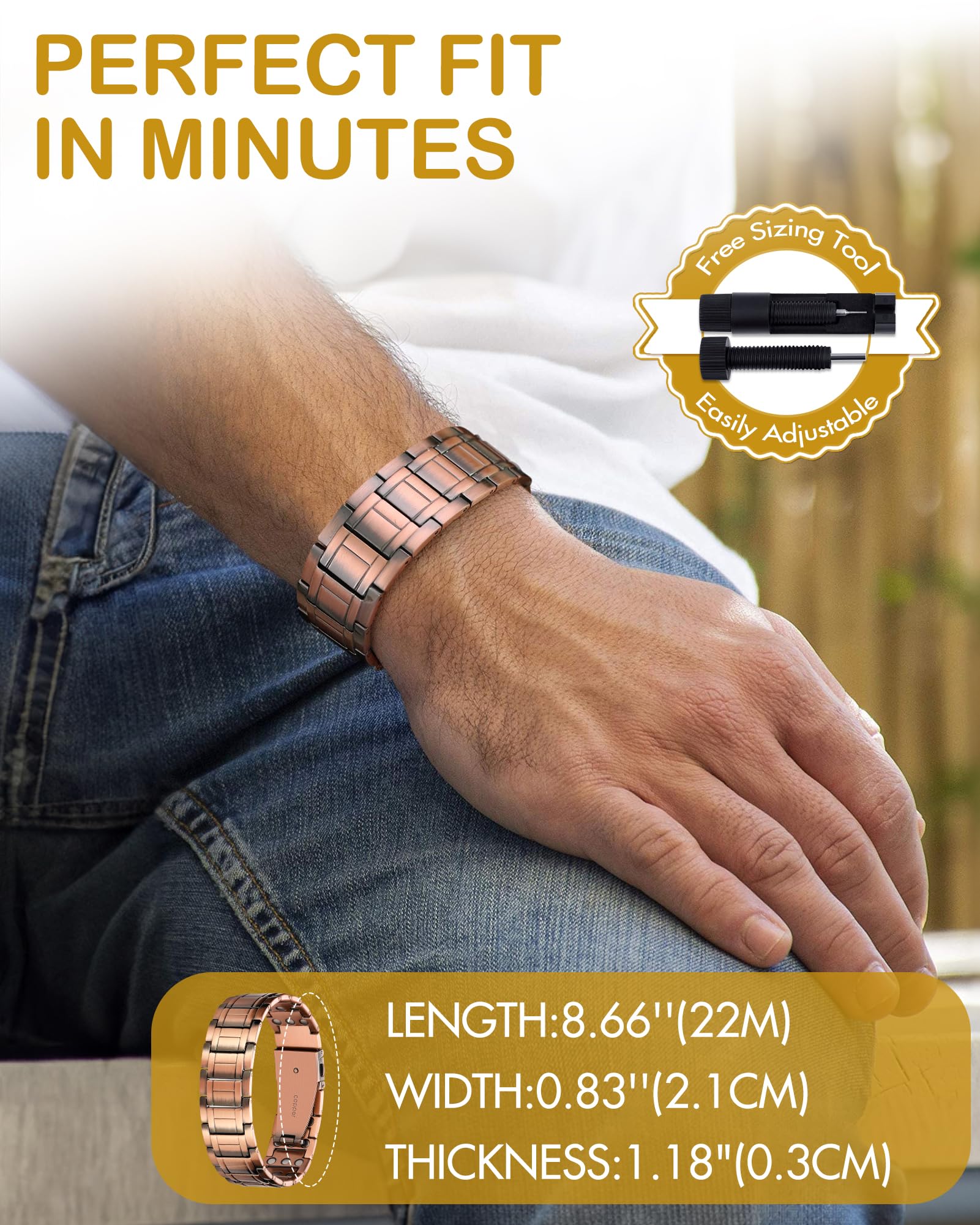 Feraco Copper Bracelet link removal tool demonstrates adjustable fit.
