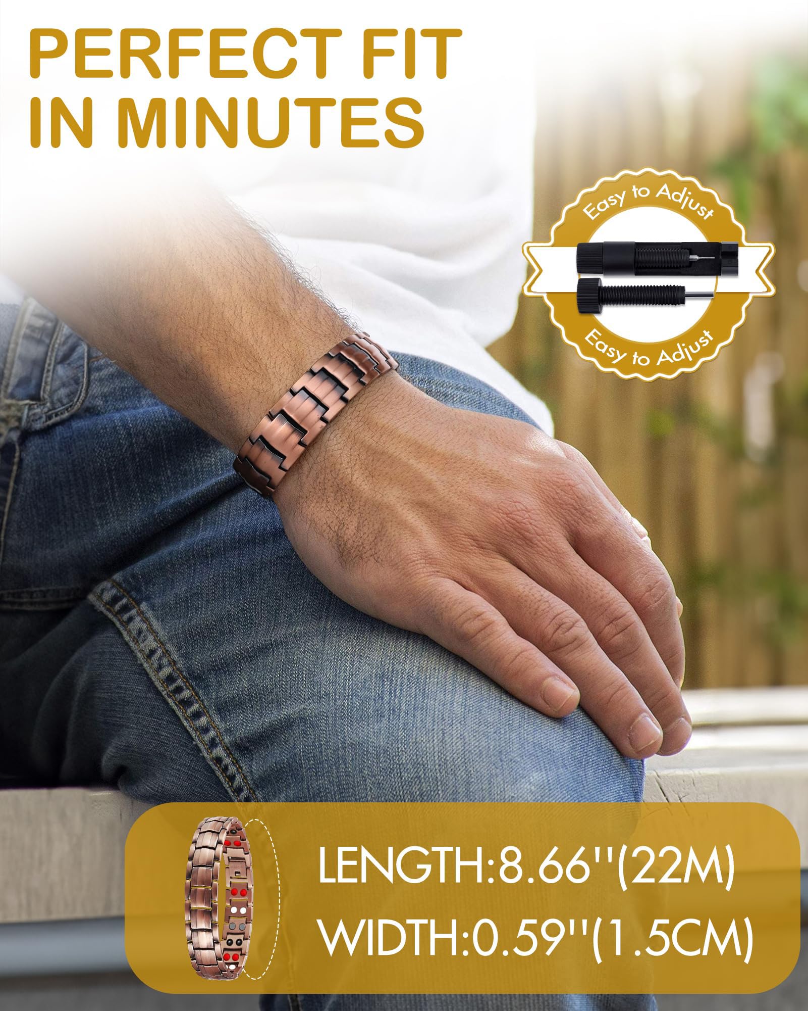 Feraco sizing tool and cloth included for at-home adjustments.