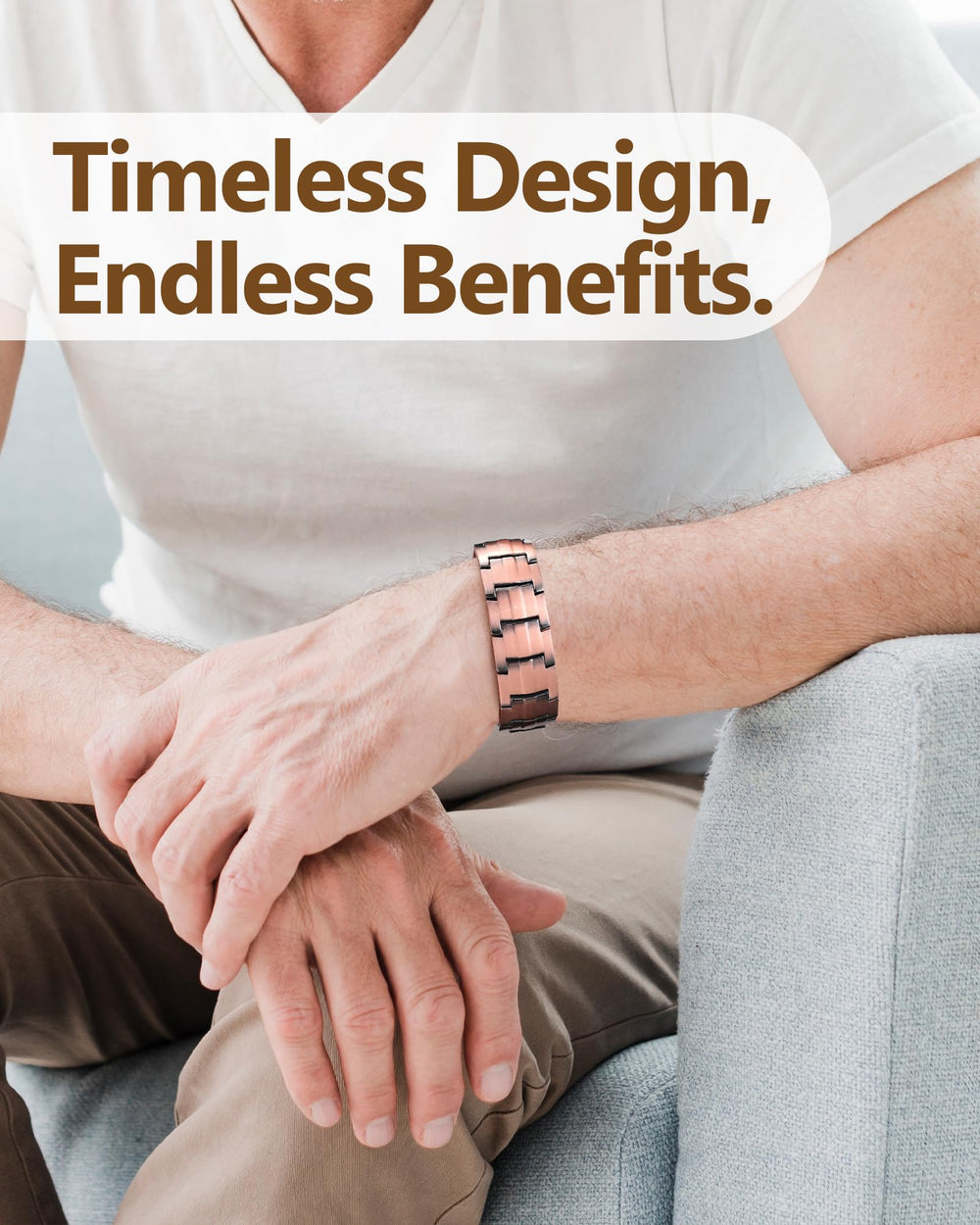 Feraco copper bracelet with sizing tool, close-up shows easy fit adjustment.