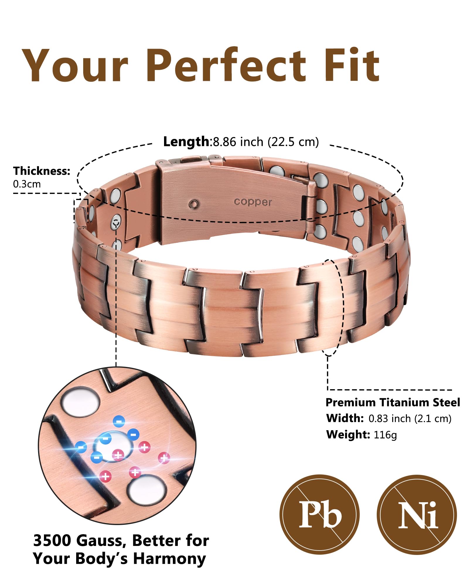 Feraco copper bracelet worn on the wrist showing adjustable fit for all-day comfort.