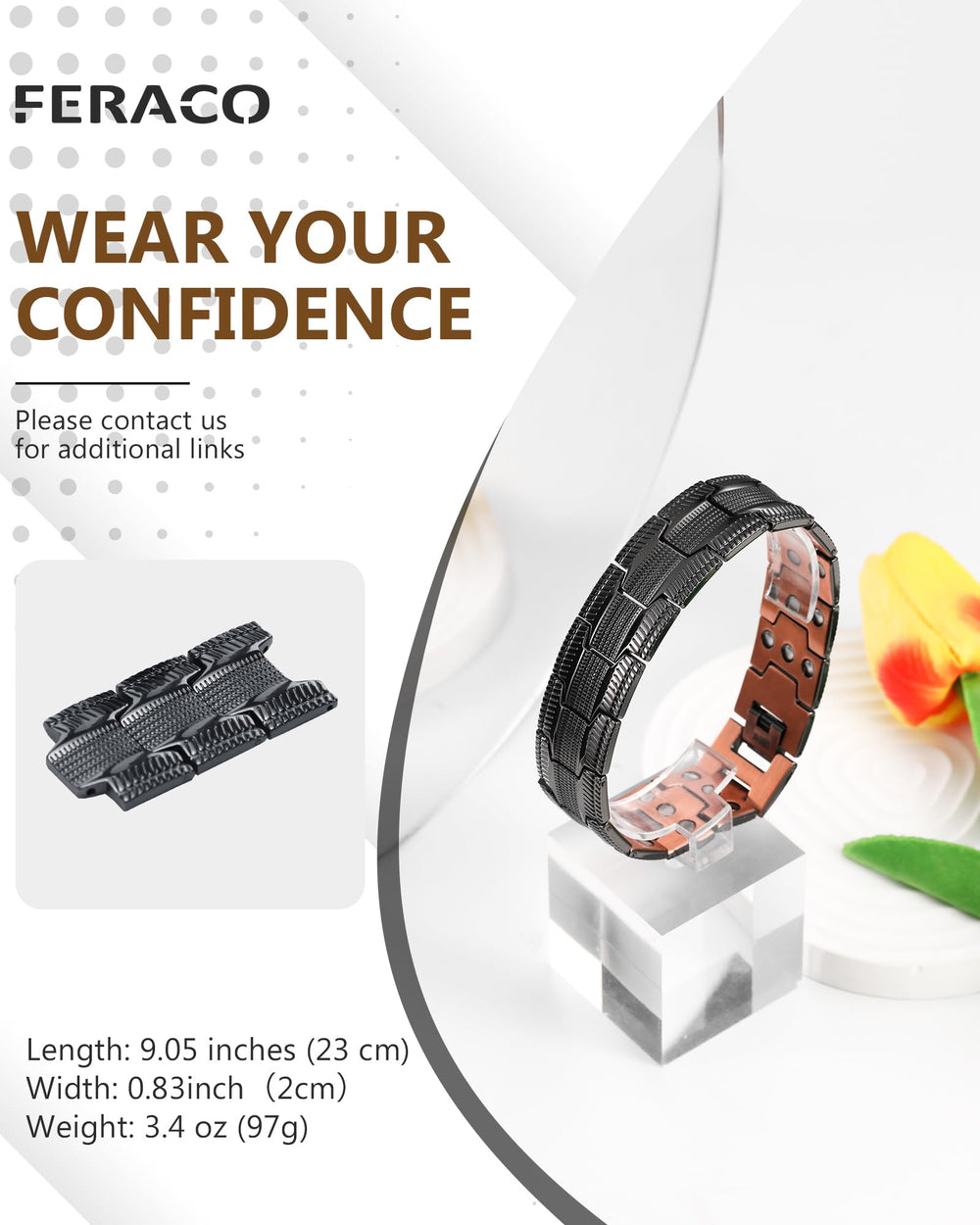 Feraco bracelet on wrist highlighting a bold Tyre-Carved pattern.
