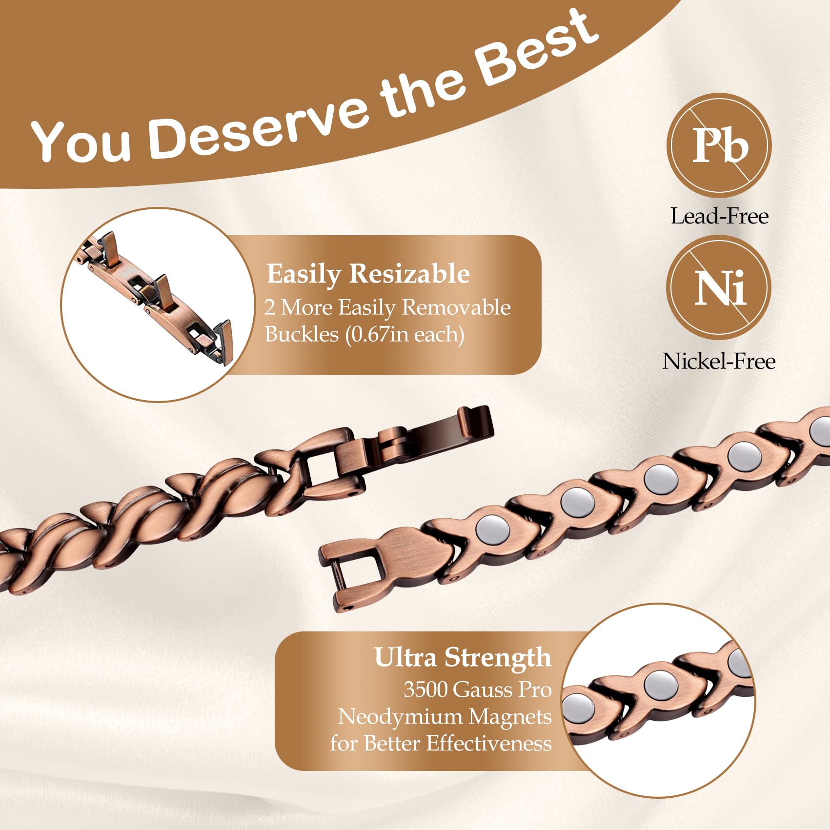 Feraco Copper Bracelet on wrist demonstrates lightweight all-day comfort.