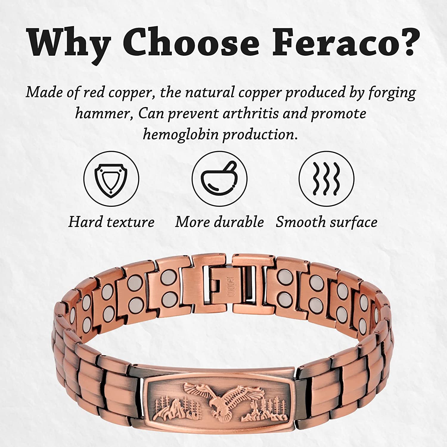 Feraco closeup shows solid copper texture and premium craftsmanship.
