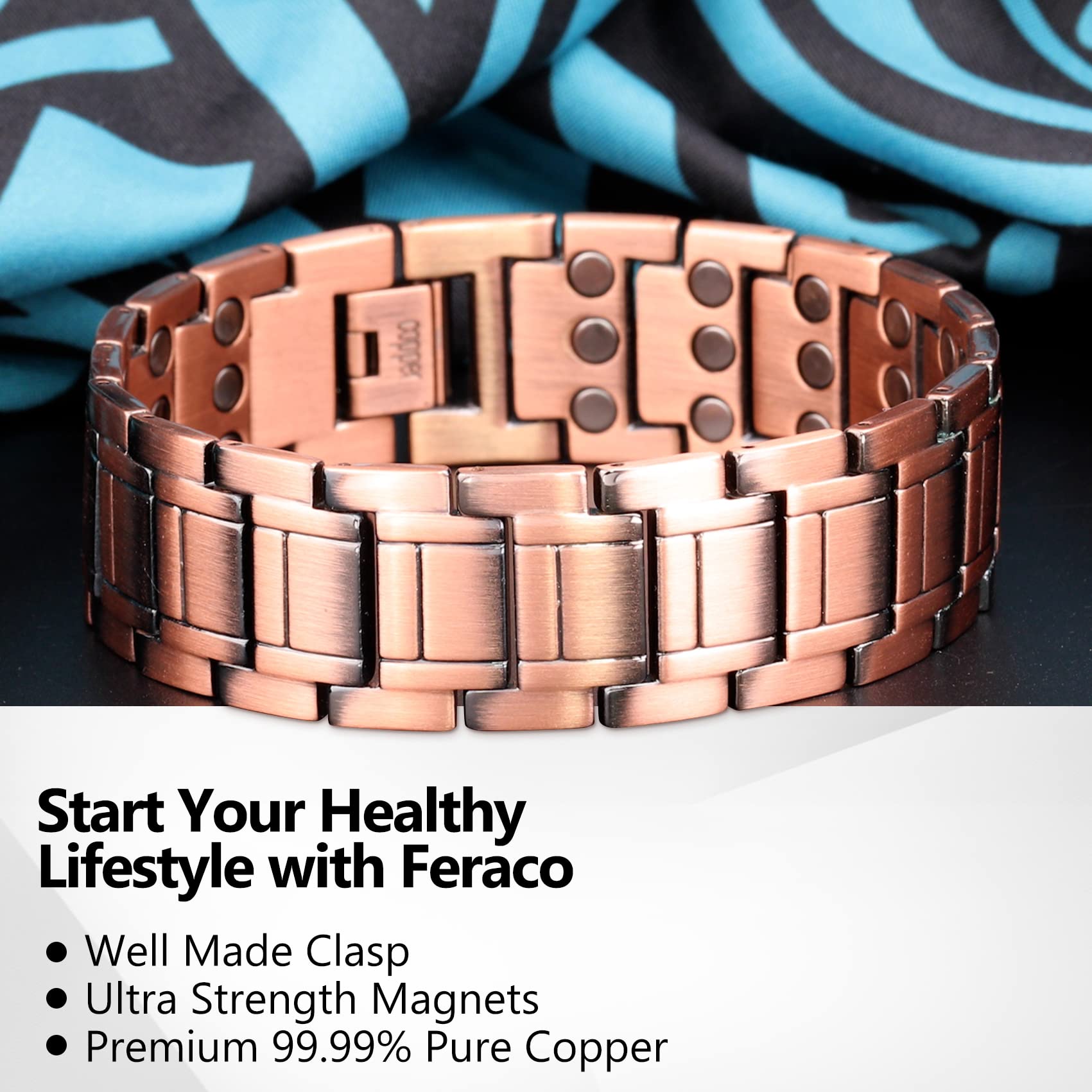 Feraco copper bracelet unboxing shot highlighting premium packaging.