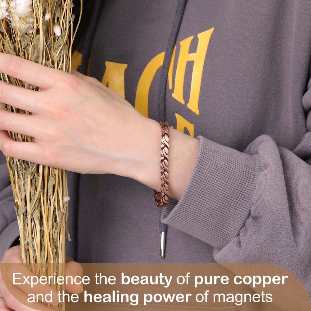 Feraco Copper Bracelet with watch shows versatile styling compatibility.