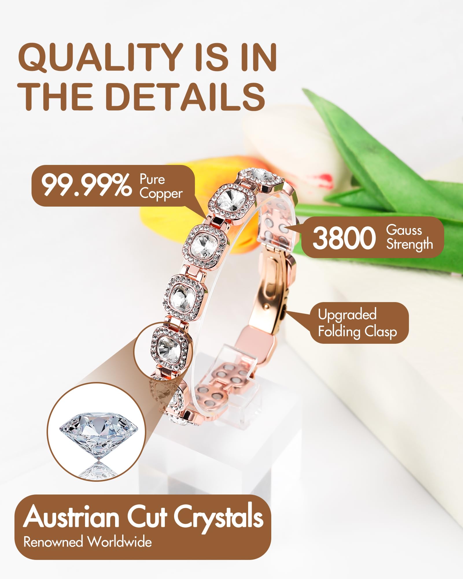 Feraco folding clasp on copper bracelet ensures secure on/off wear.