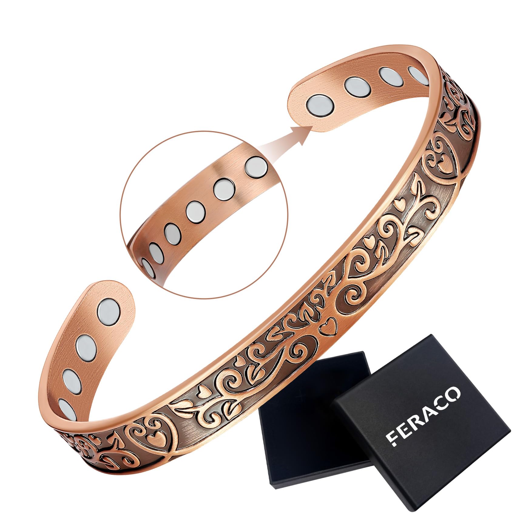Feraco copper bracelet close-up showing Love and Honor tree-heart motif for everyday elegance