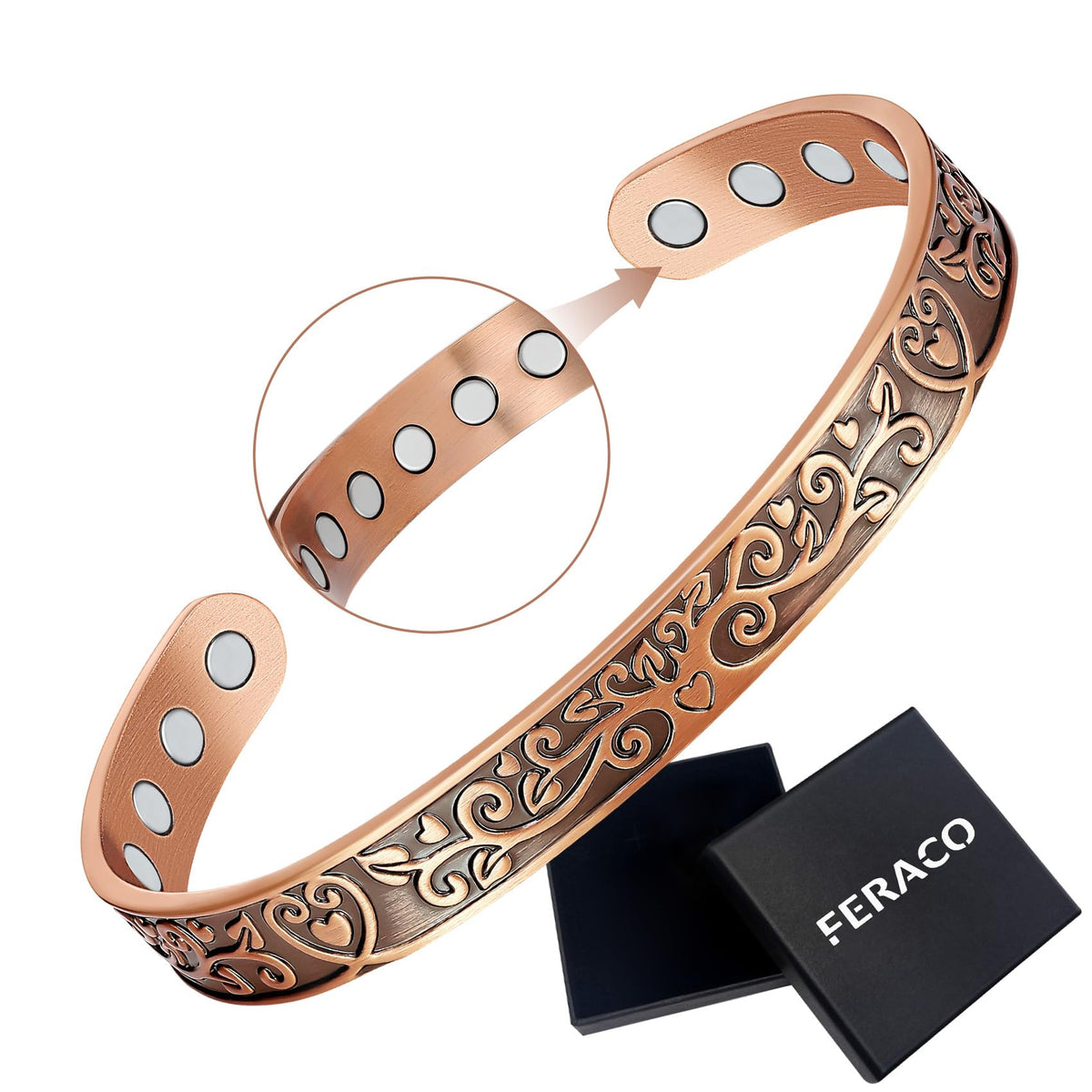 Feraco copper bracelet close-up showing Love and Honor tree-heart motif for everyday elegance