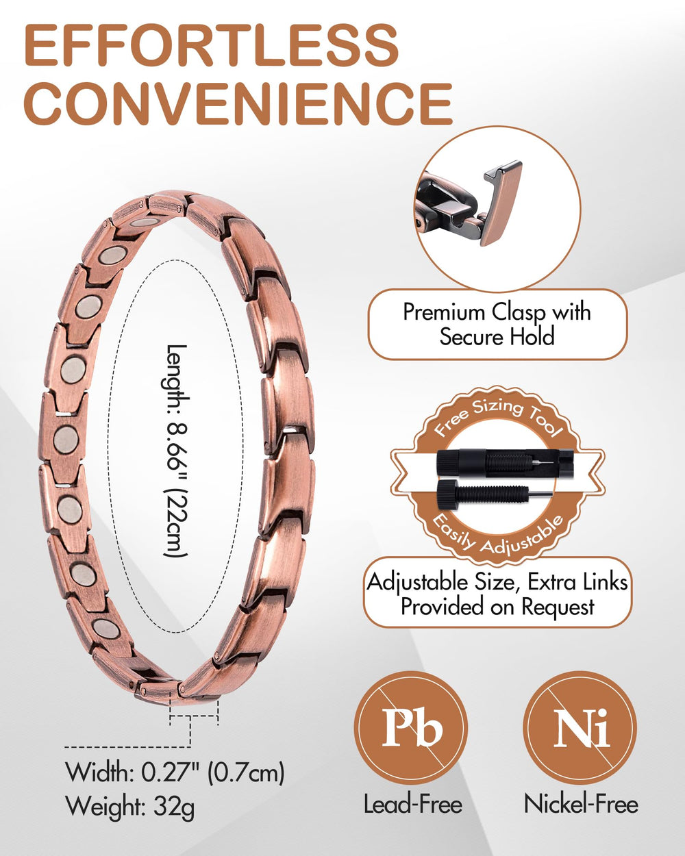 Feraco copper bracelet worn on wrist demonstrates lightweight comfort