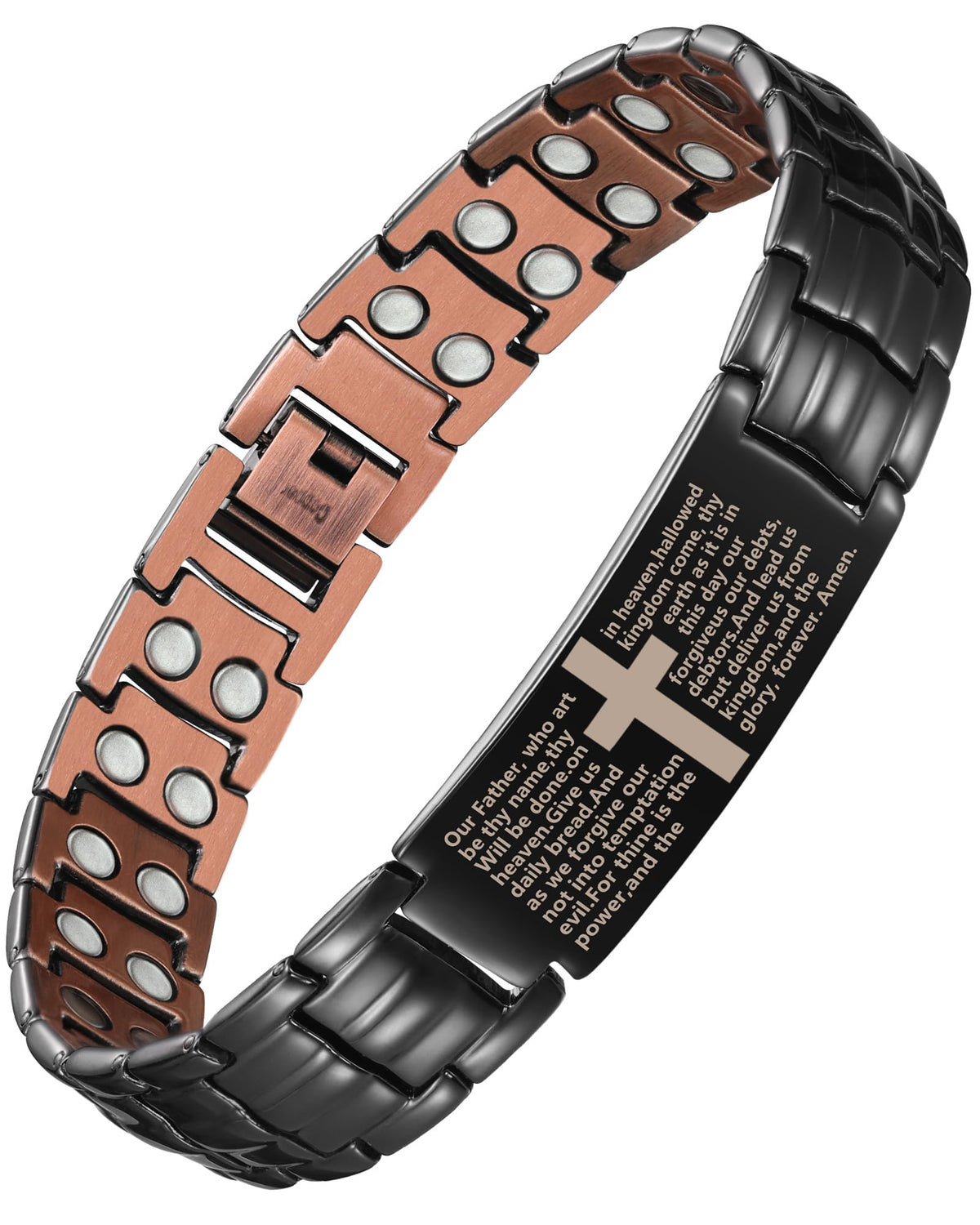 Feraco Copper Cross Bracelet close-up showing sleek black finish and craftsmanship.