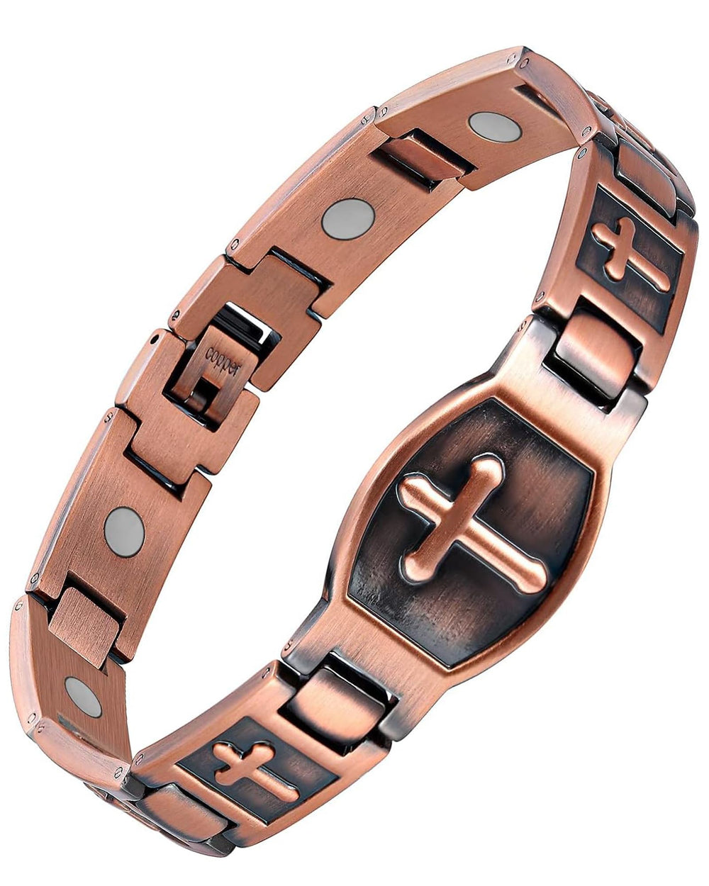 Feraco copper cross bracelet closeup showing premium finish and ergonomic design.