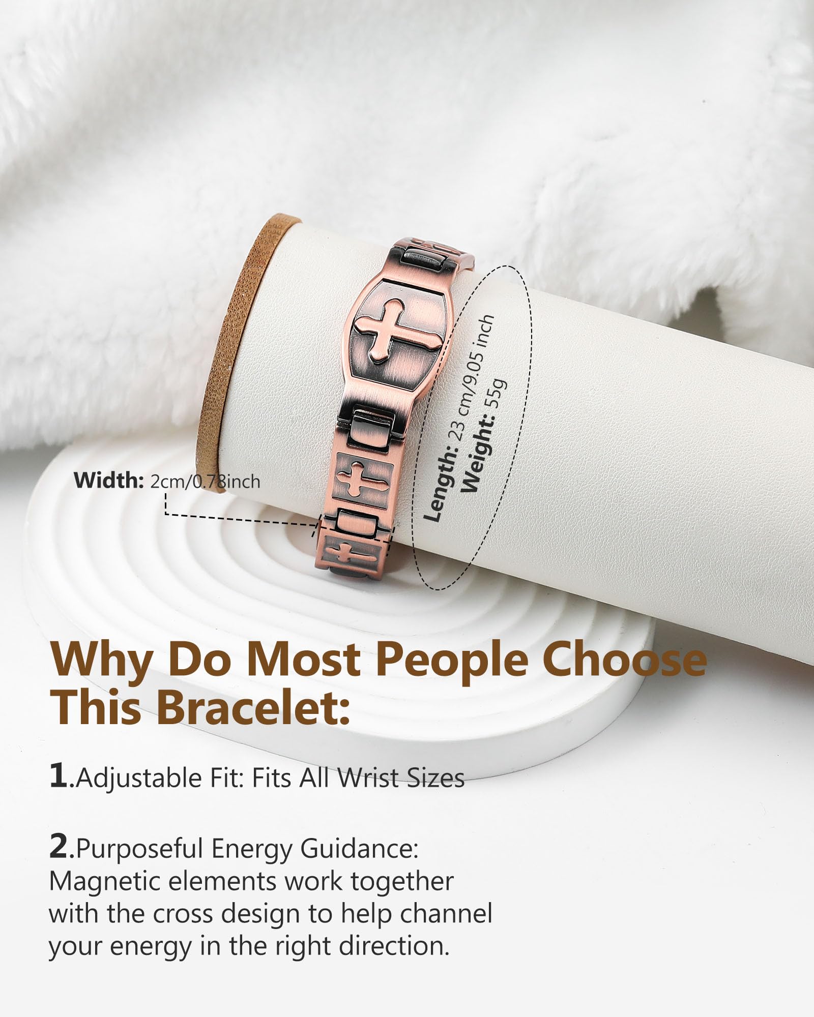 Feraco copper cross bracelet worn on the wrist for all-day comfort and style.