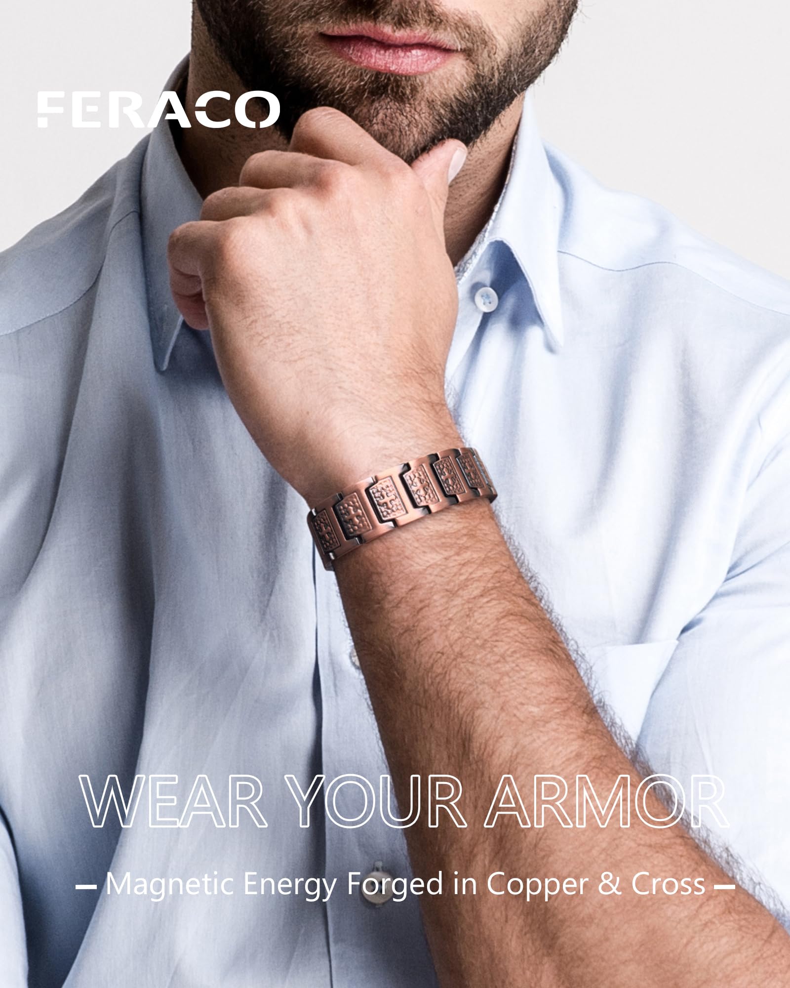 Feraco Copper Cross Bracelet magnet detail shows magnetic elements and craftsmanship.