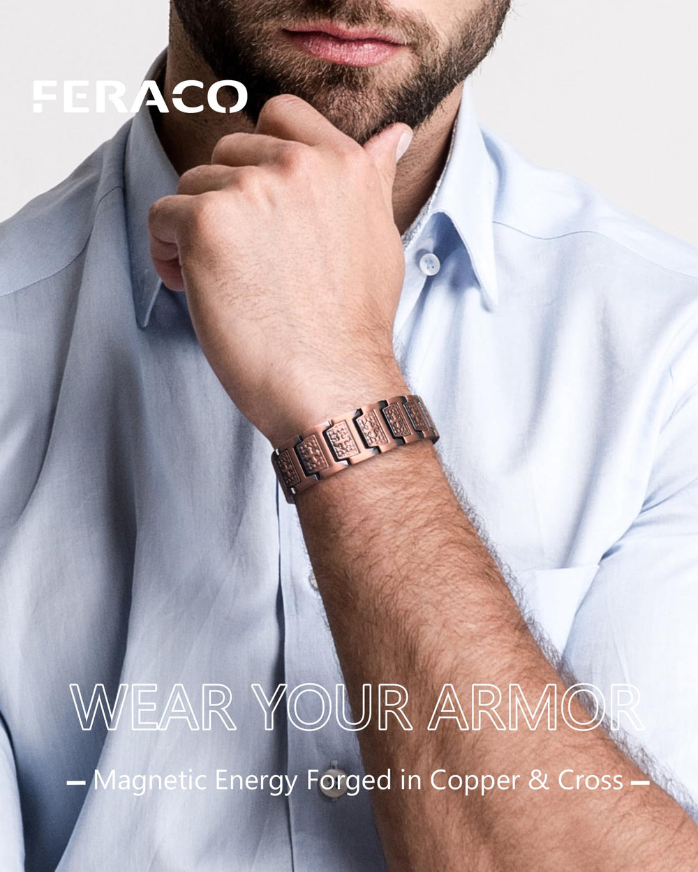 Feraco Copper Cross Bracelet magnet detail shows magnetic elements and craftsmanship.