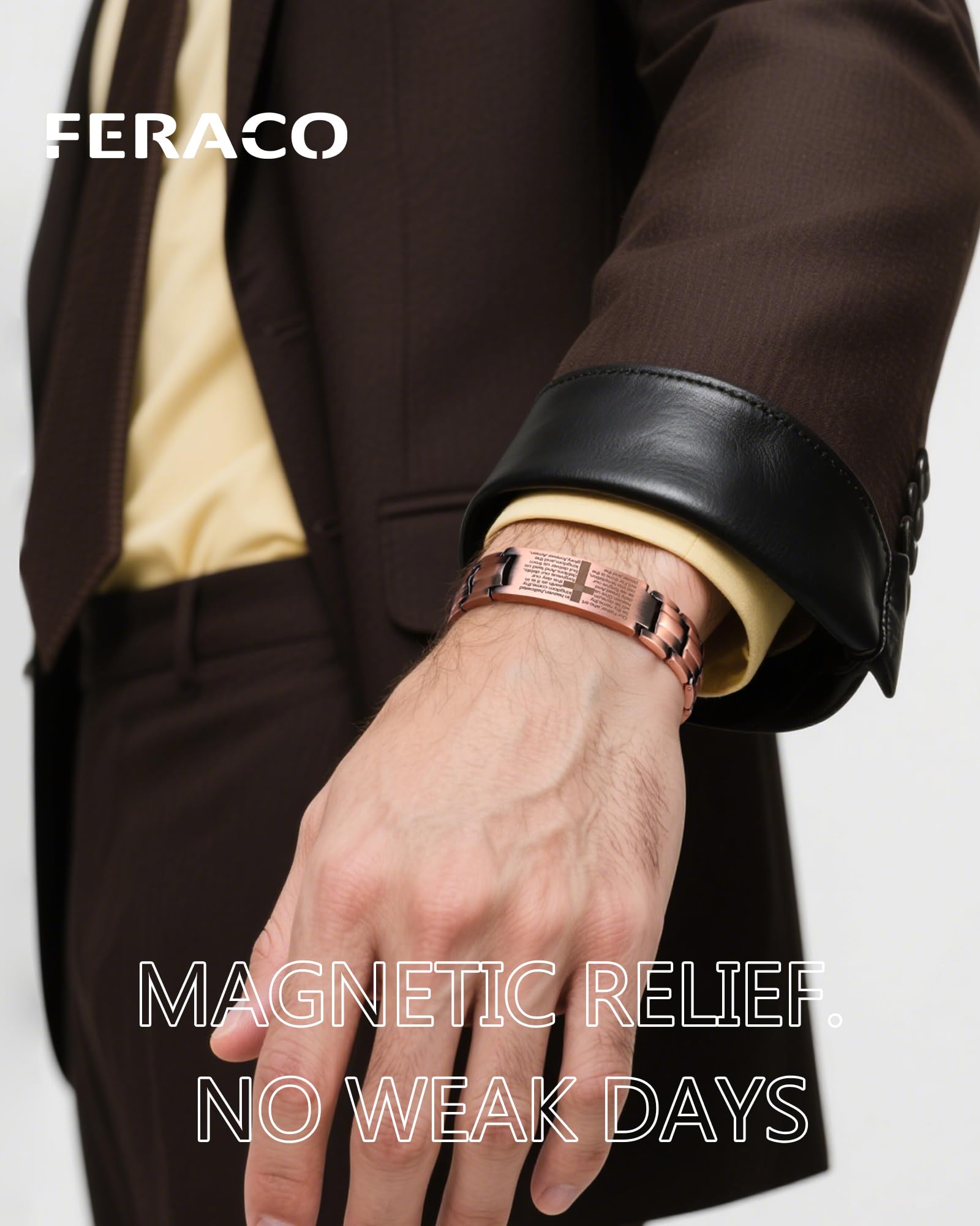 Feraco copper cross bracelet magnets close-up showing 3800 Gauss strength for energy balance