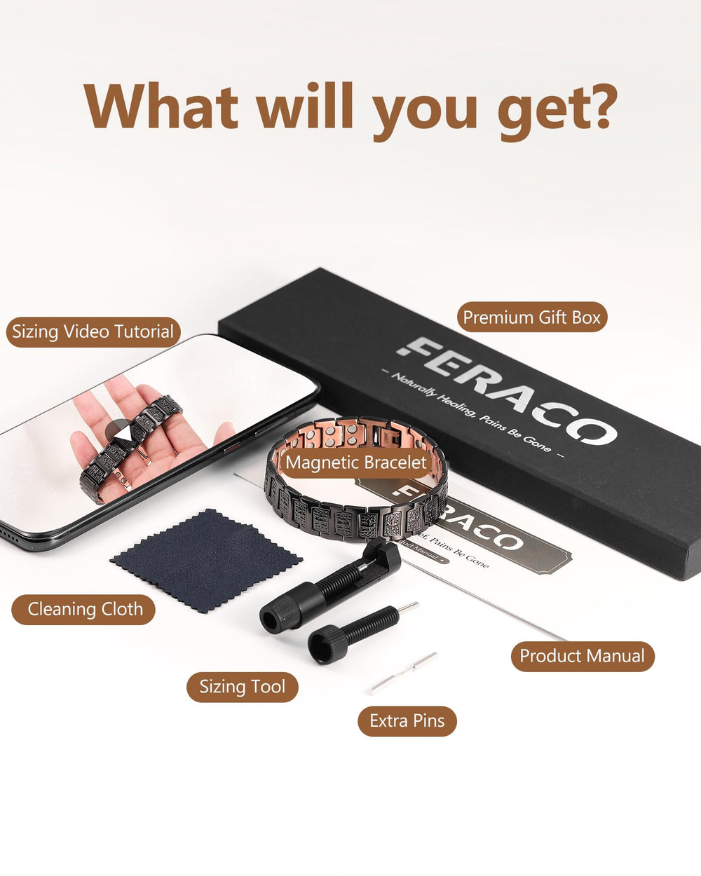 Feraco packaging with sizing tool demonstrates ready-to-wear convenience.