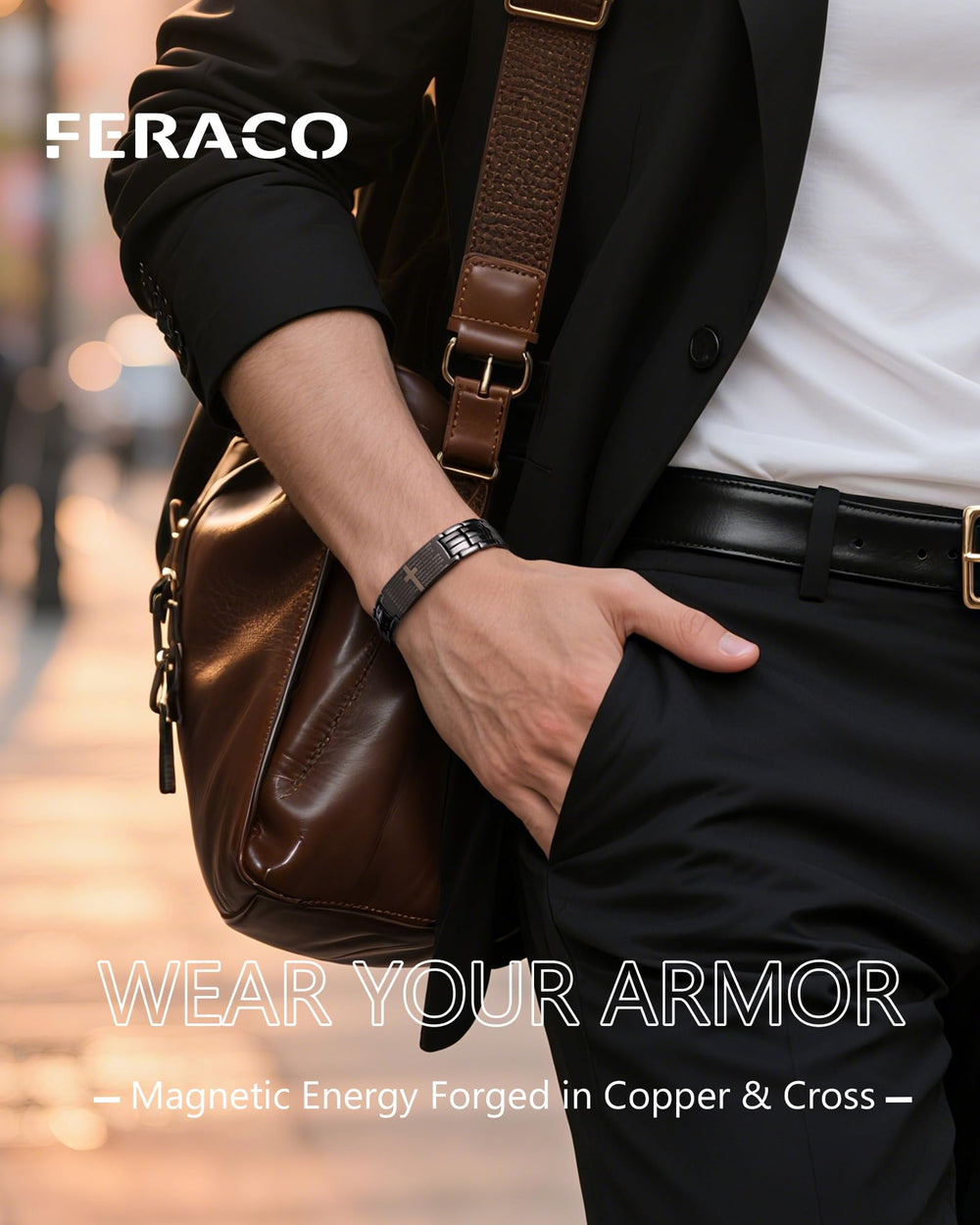 Feraco Copper Cross Bracelet size-tool illustrating easy adjustable fit.