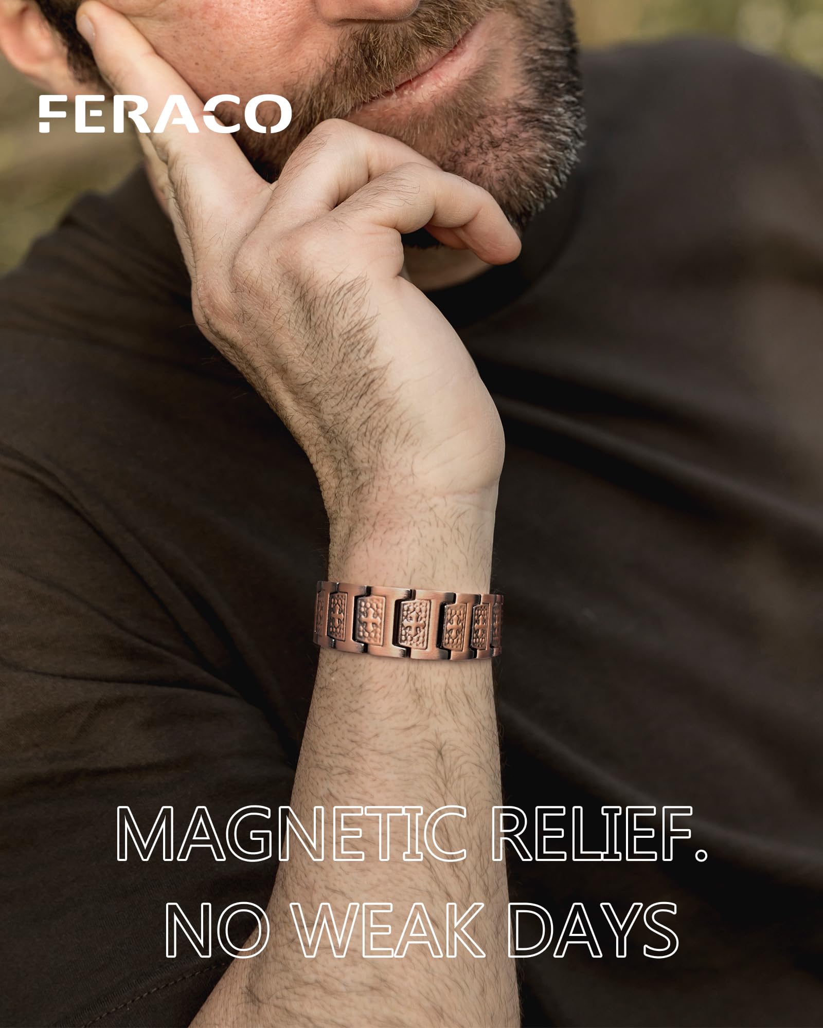 Feraco Copper Cross Bracelet sizing tool included for easy adjustment.