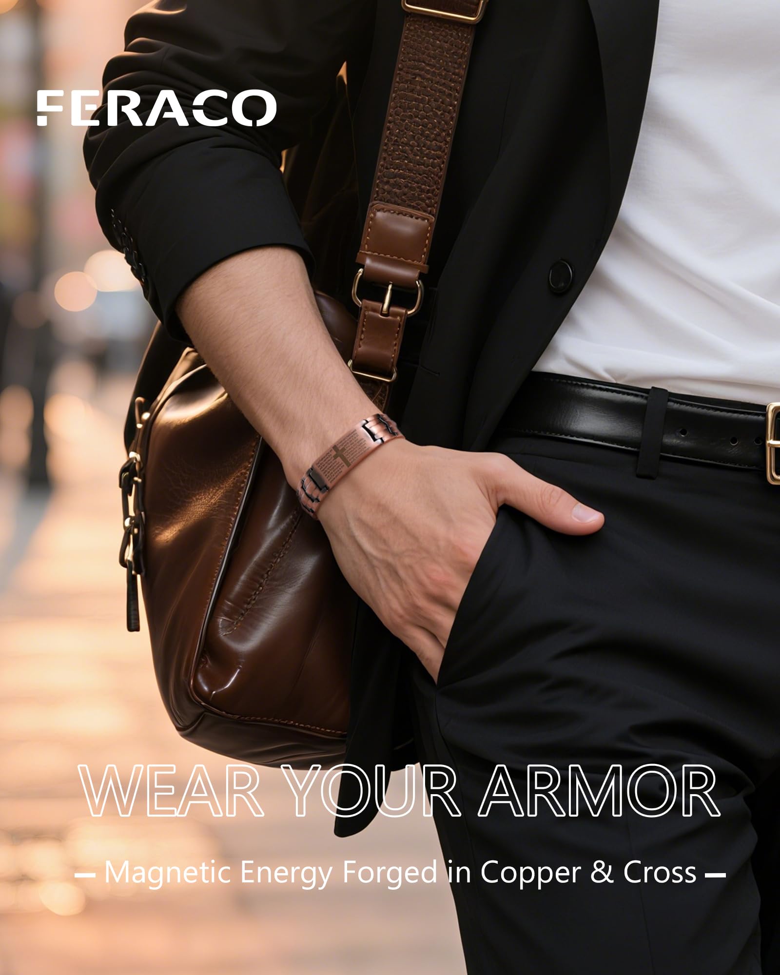 Feraco copper cross bracelet side view emphasizes durable copper surface