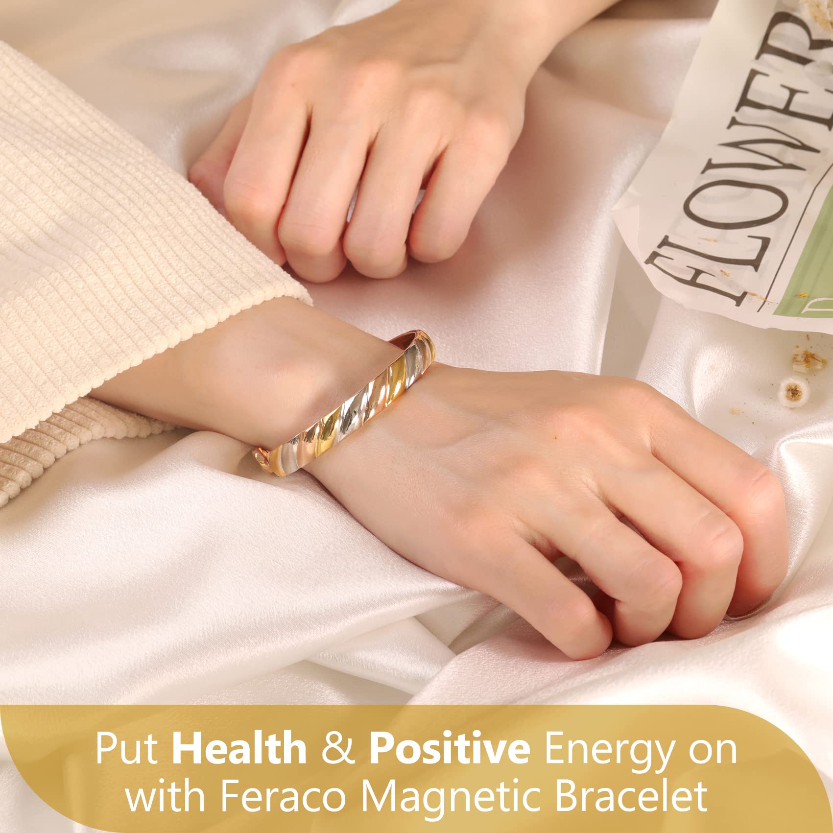 Feraco Copper Magnetic Bracelet for Women open adjustable design shown for a comfortable fit.