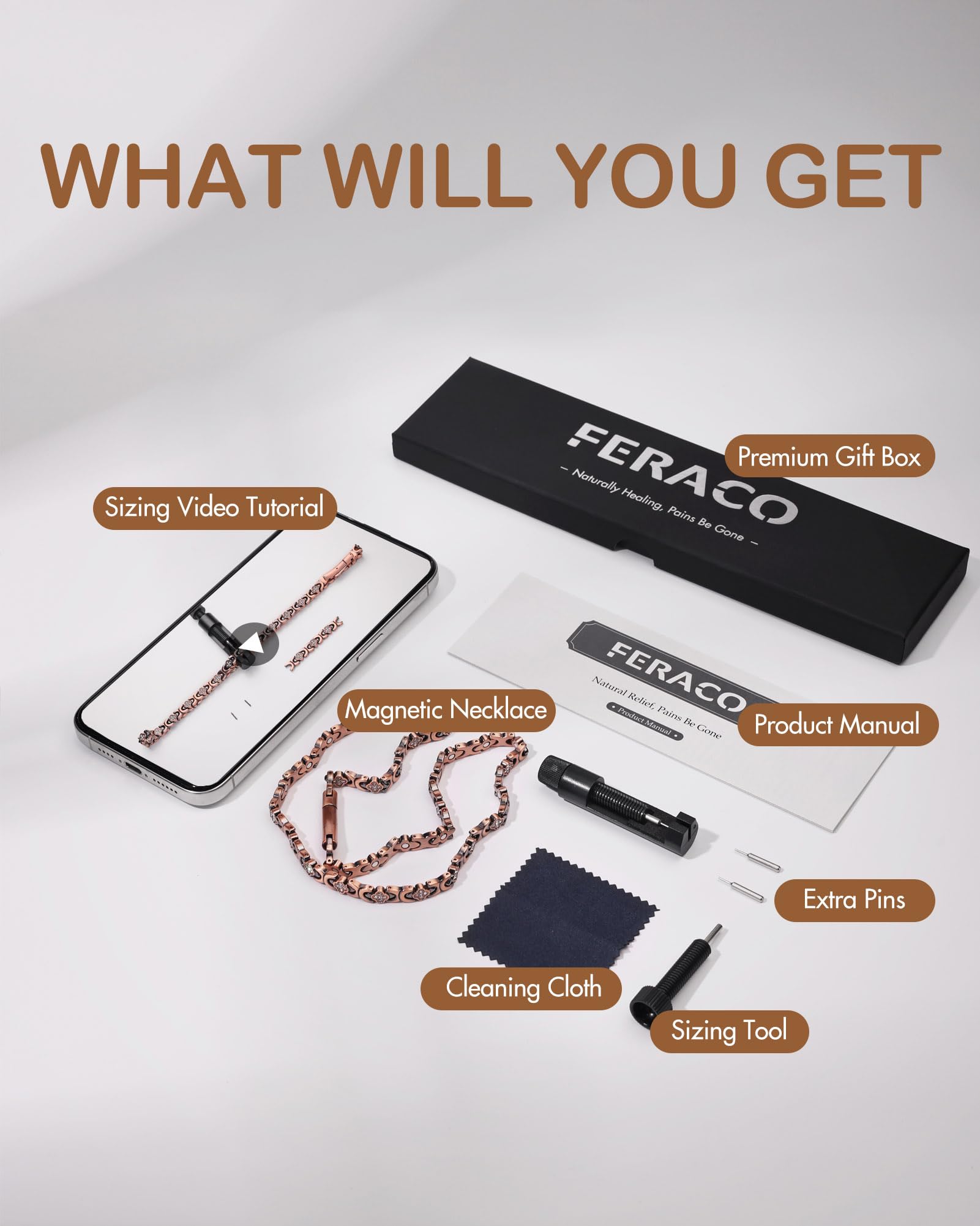 Feraco Necklace features strong 3500 gauss magnets for noticeable magnetic strength