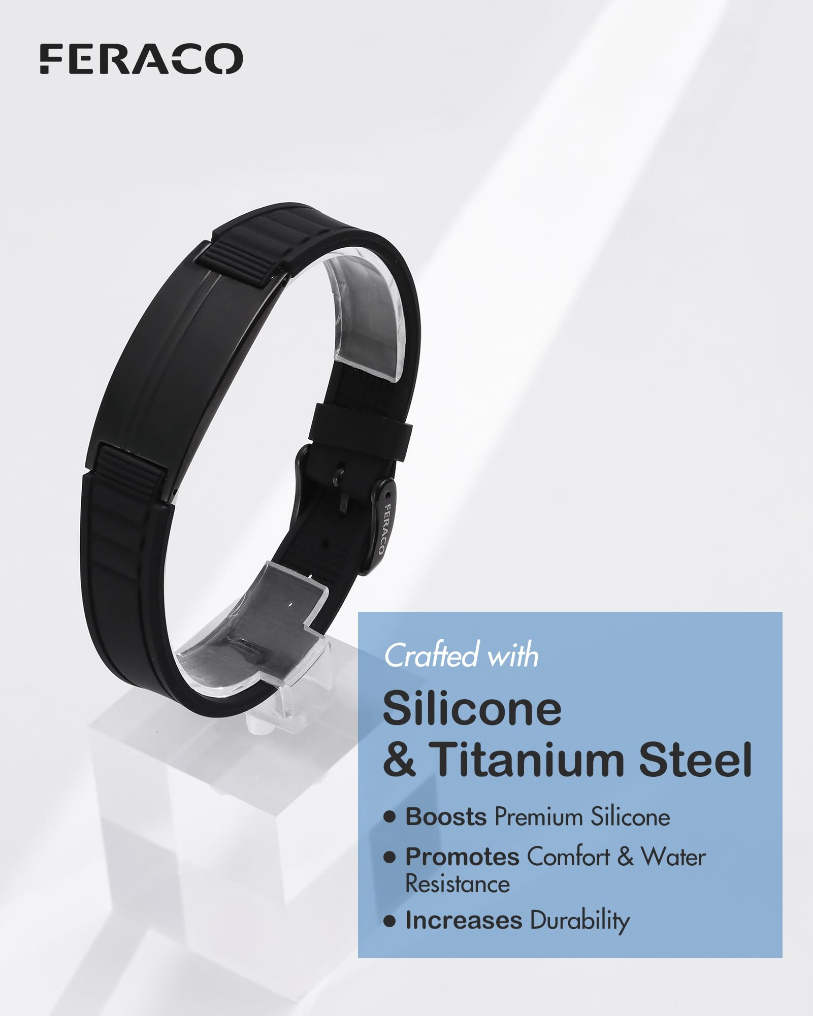 Feraco bracelet worn during daily activities like walking or desk work.