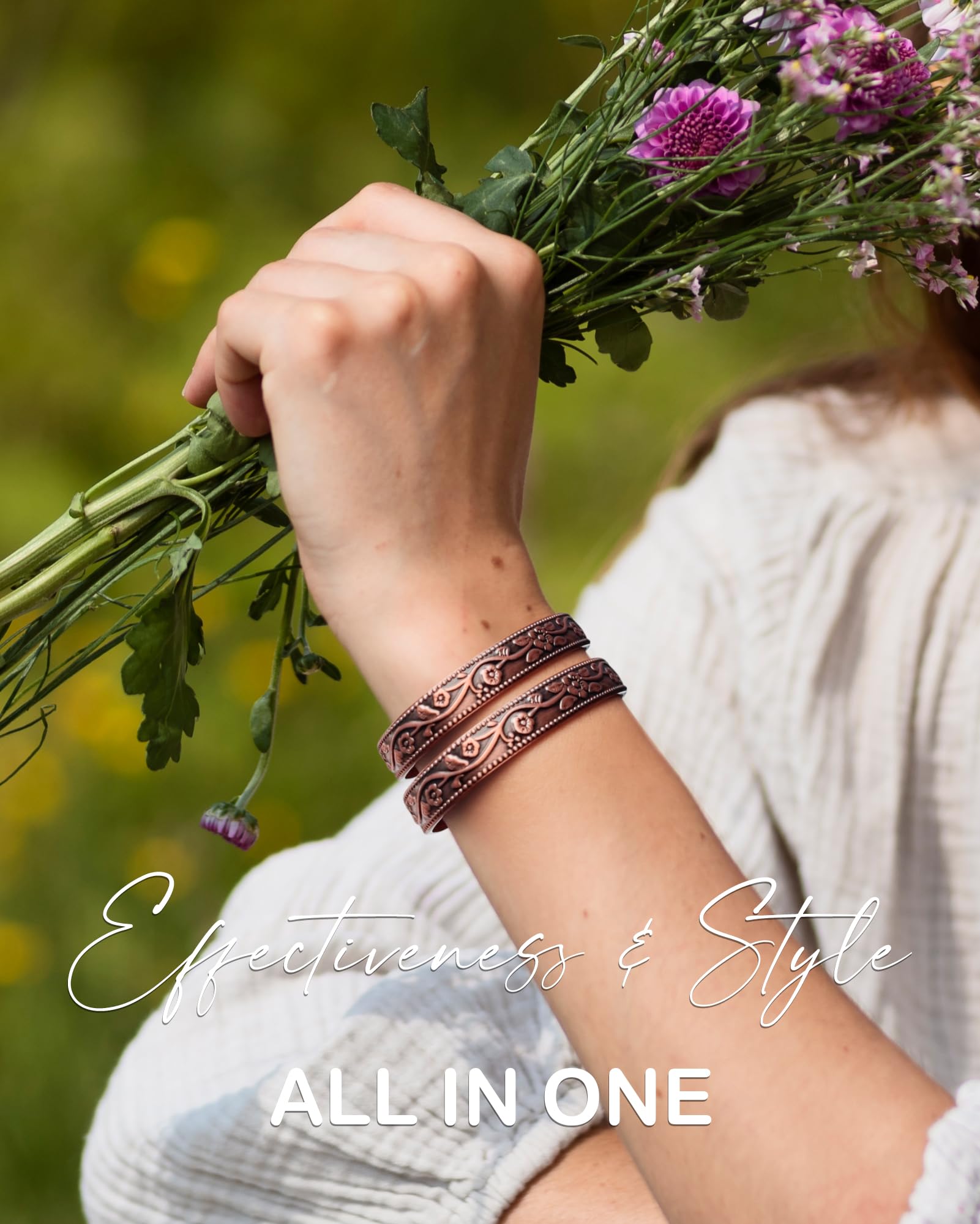 Feraco vintage flower copper bracelet showing classic pattern
