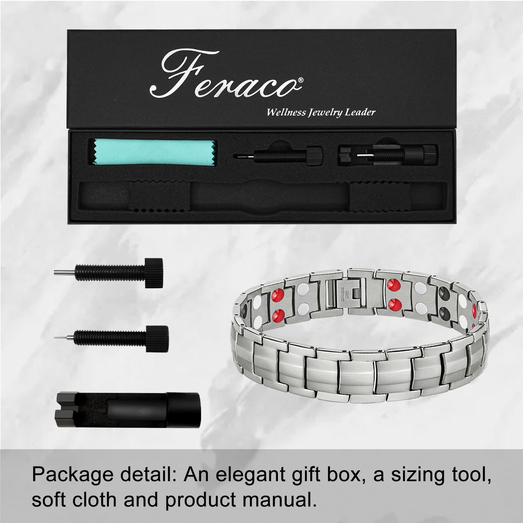 Gift-ready Feraco bracelet packaging and care kit in silver presentation.