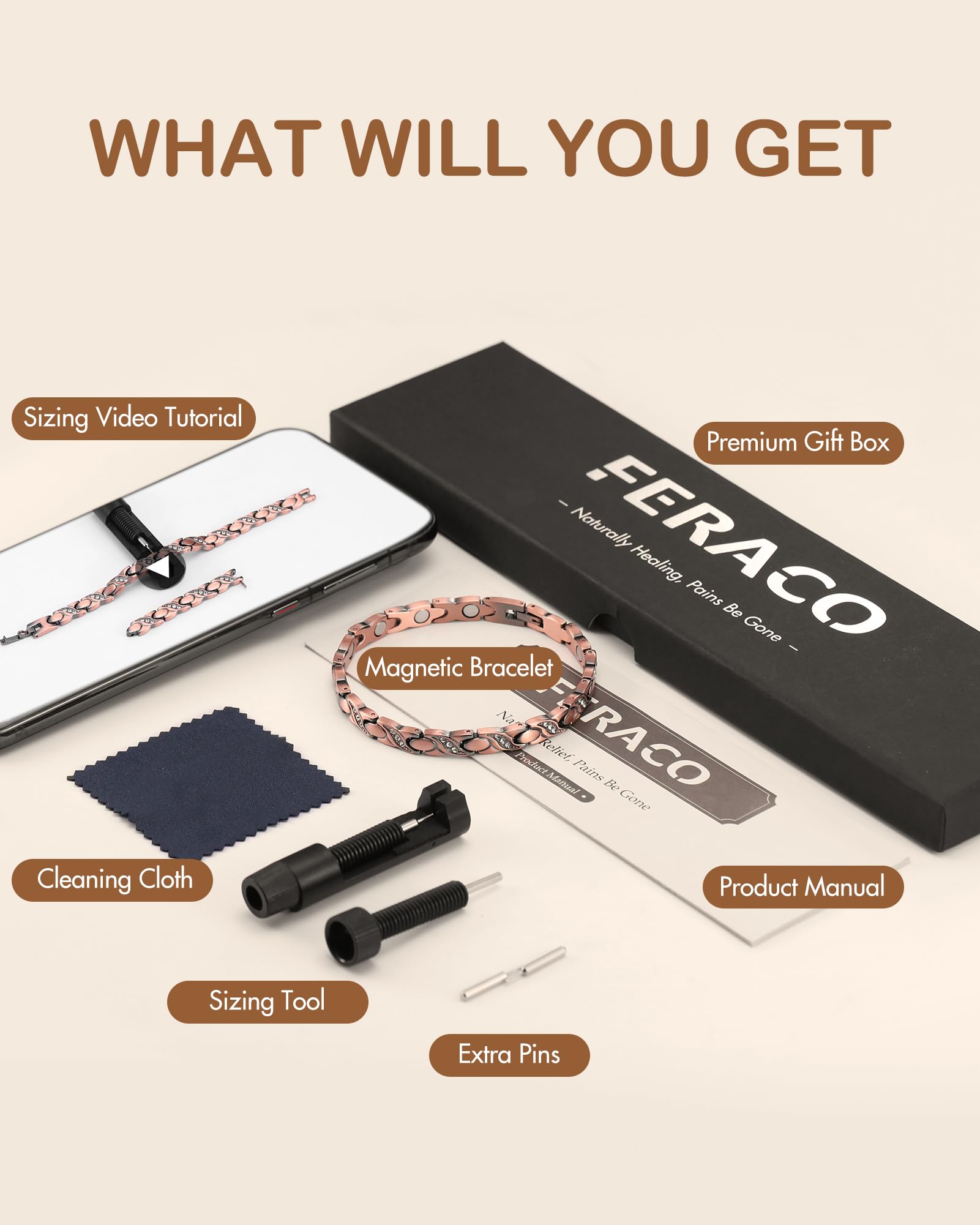 Feraco gift-ready packaging including sizing tool and care guide