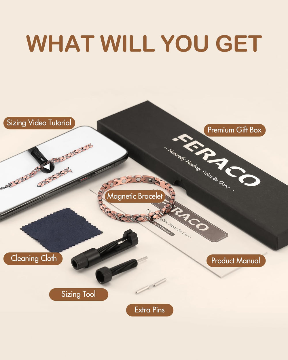 Feraco gift-ready packaging including sizing tool and care guide