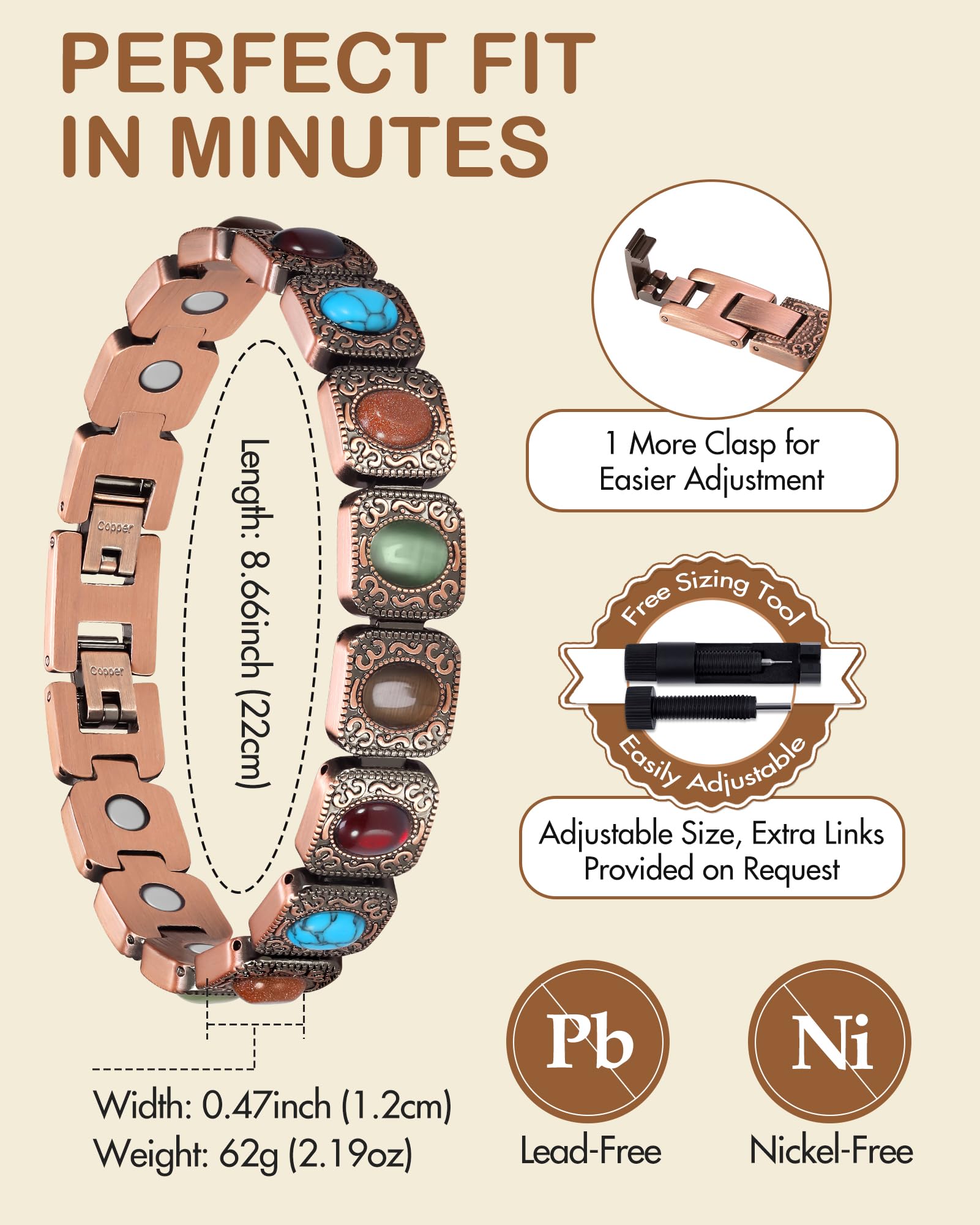 Feraco hypoallergenic copper jewelry is lead- and nickel-free for sensitive skin