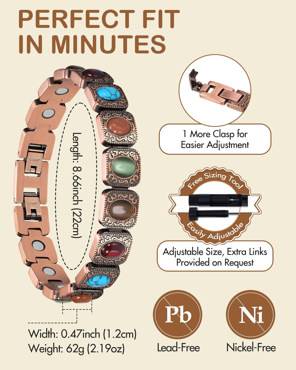 Feraco hypoallergenic copper jewelry is lead- and nickel-free for sensitive skin
