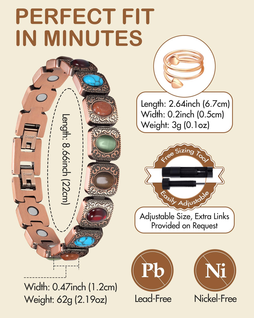 Feraco hypoallergenic copper bracelet free from nickel and lead for sensitive skin