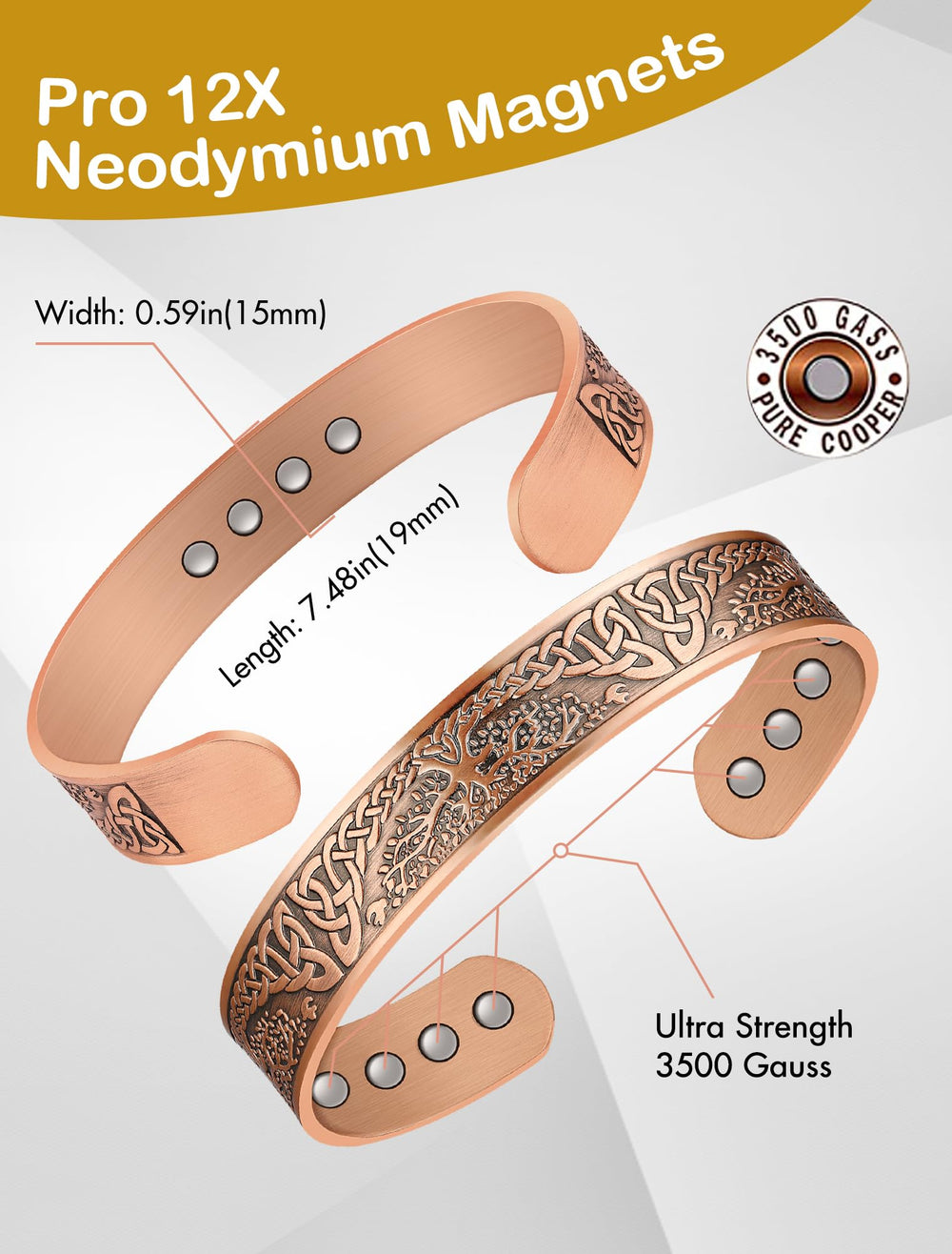 Feraco hypoallergenic solid copper construction minimizes skin irritation for sensitive wearers