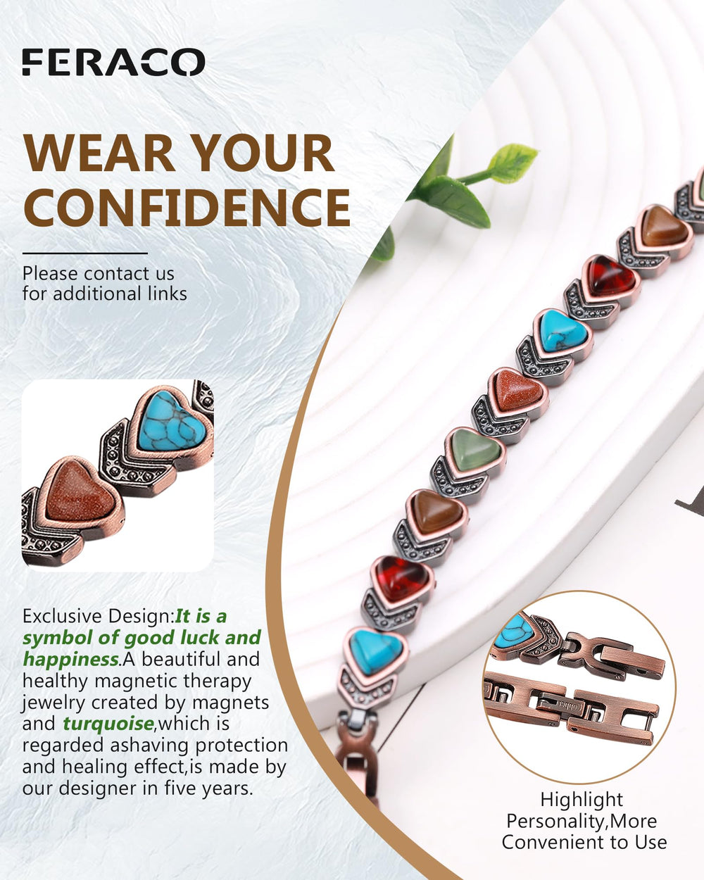 Feraco infinity copper bracelet offers enduring shine and resilience.